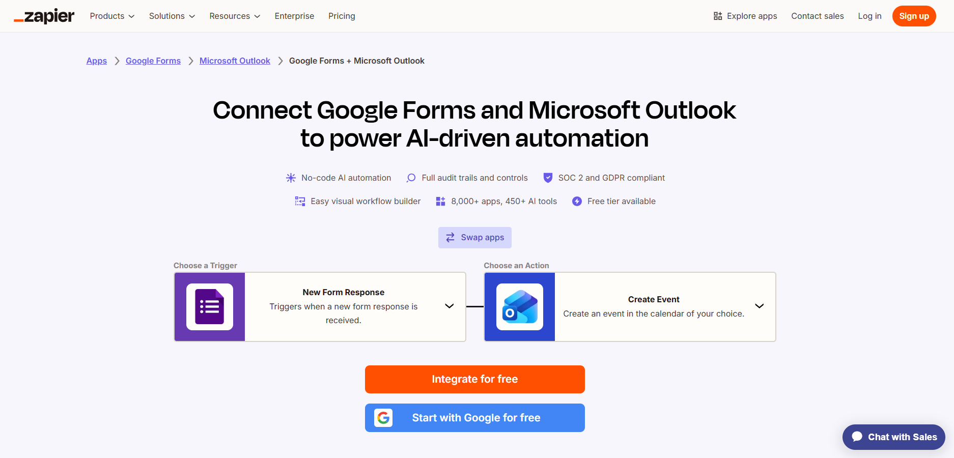 Zapier Google Forms Microsoft Outlook Integration Page and Integrate for Free Button