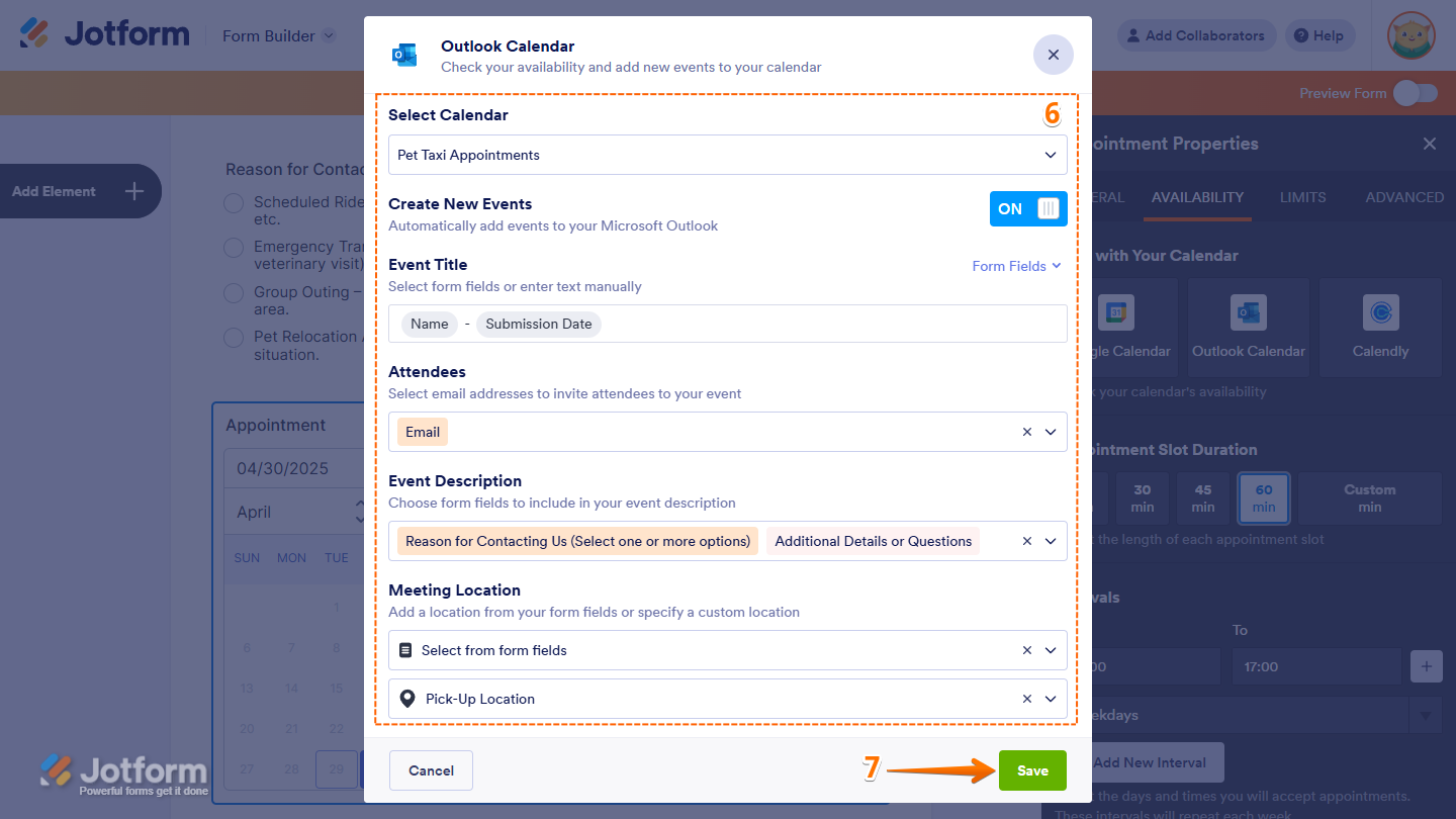 Save button of the Outlook Calendar window of the Jotform Form Builder