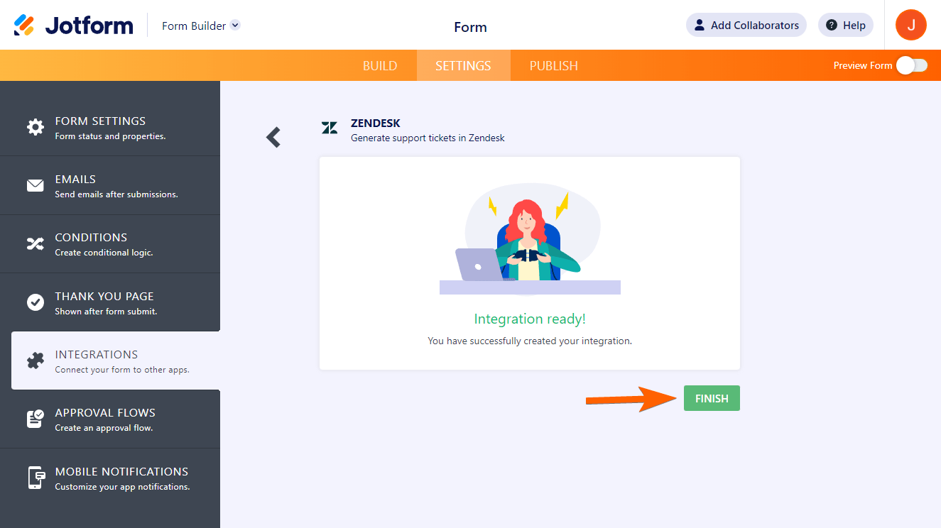 Jotform form builder interface showing the "Finish" button to complete the Zendesk integration