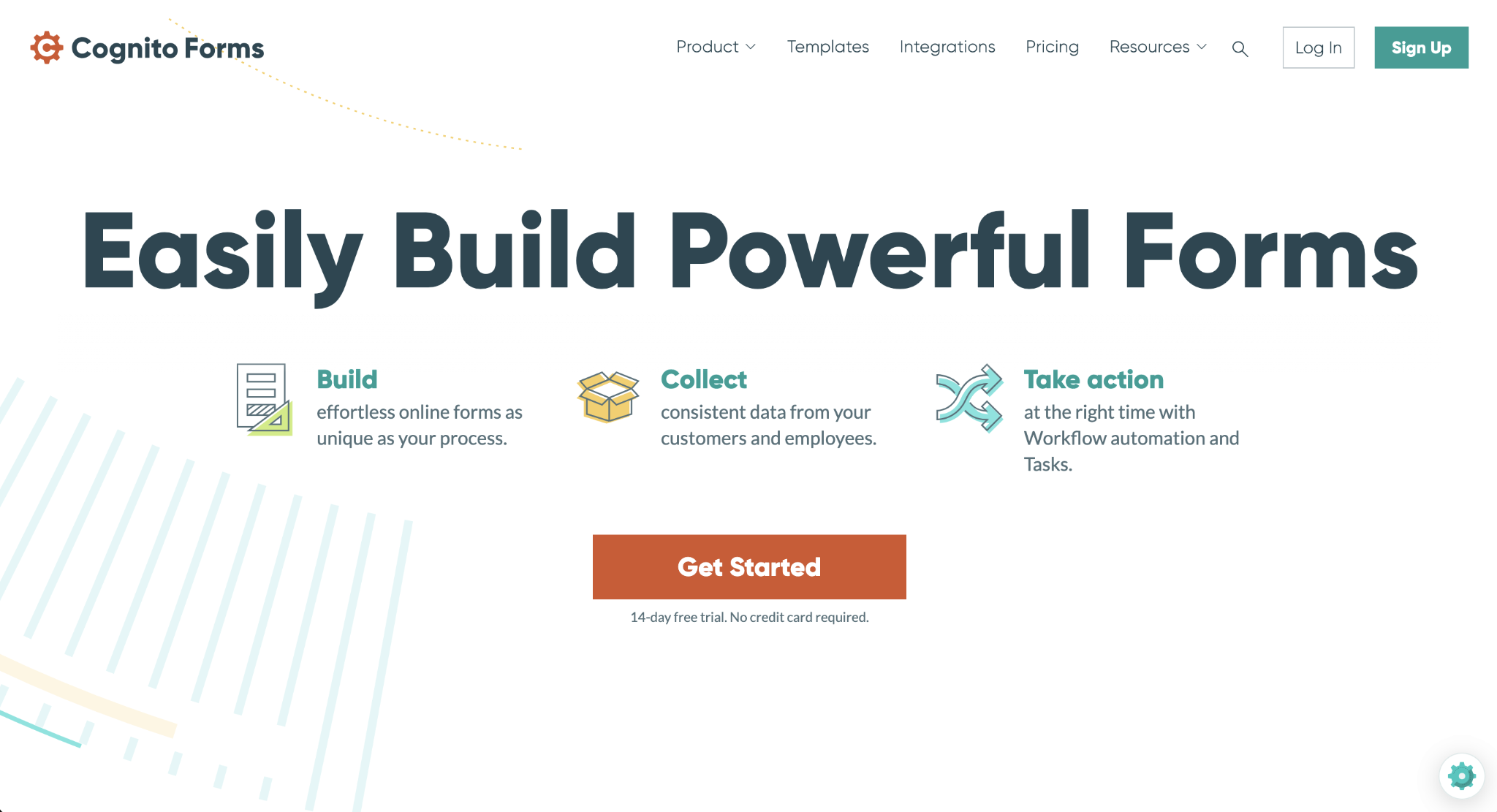 Screenshot of the Cognito Forms landing page, showing a headline "Easily Build Powerful Forms"
