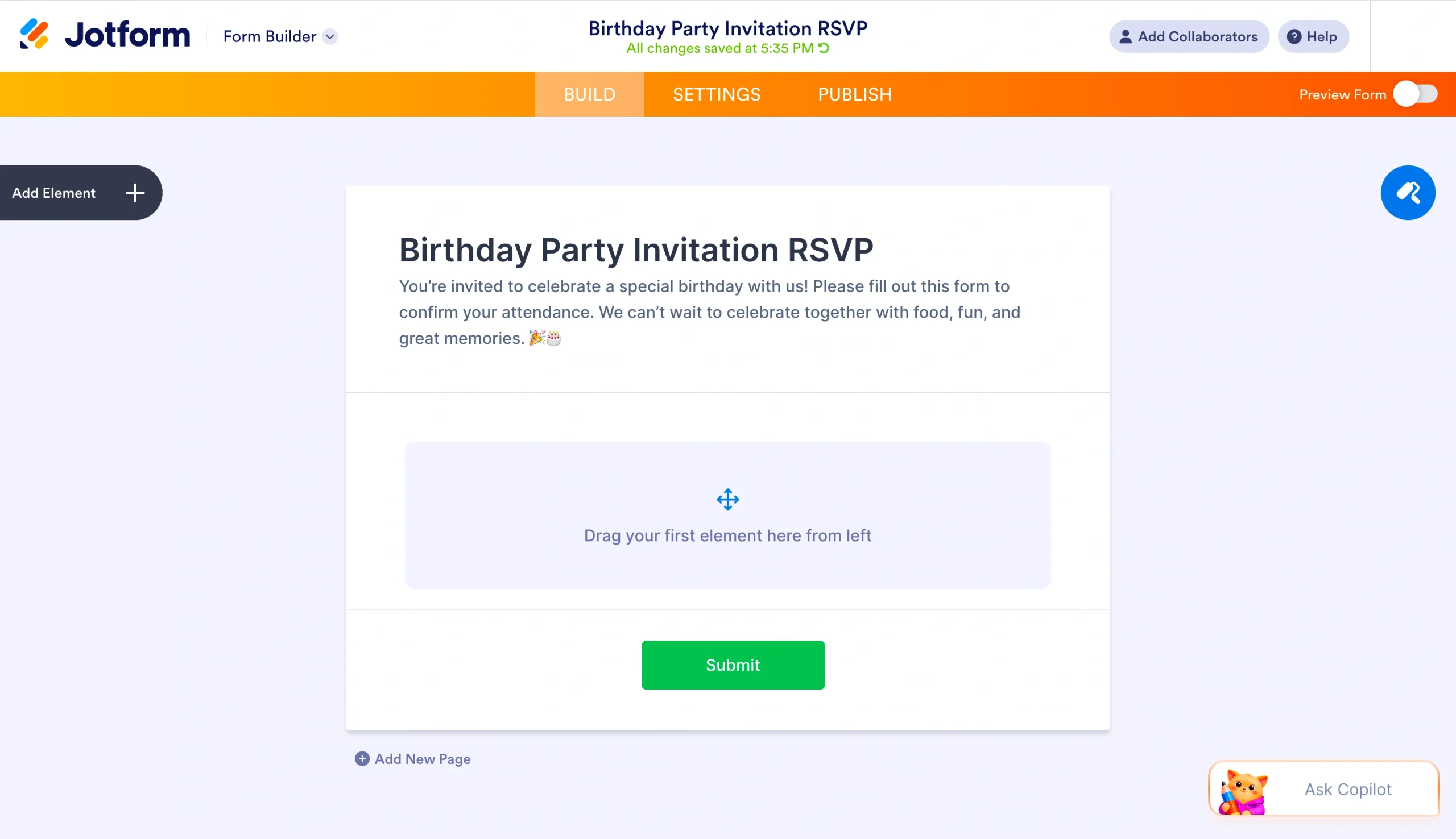 Jotform Form Builder showing a birthday invitation RSVP form