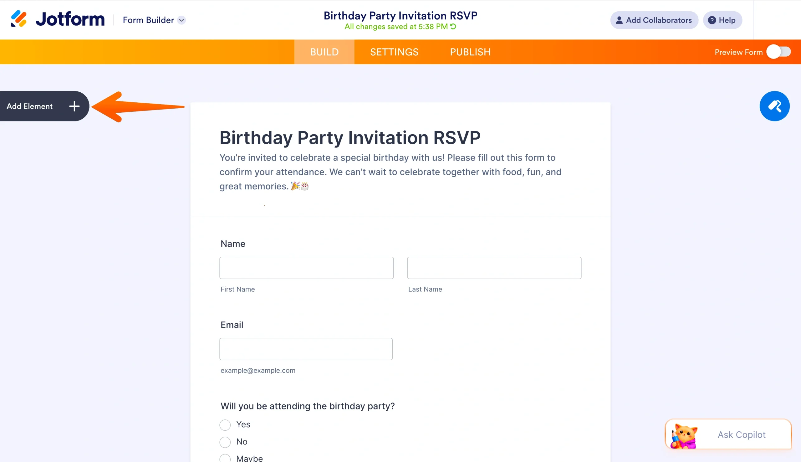 Jotform Form Builder with the Add Element button highlighted