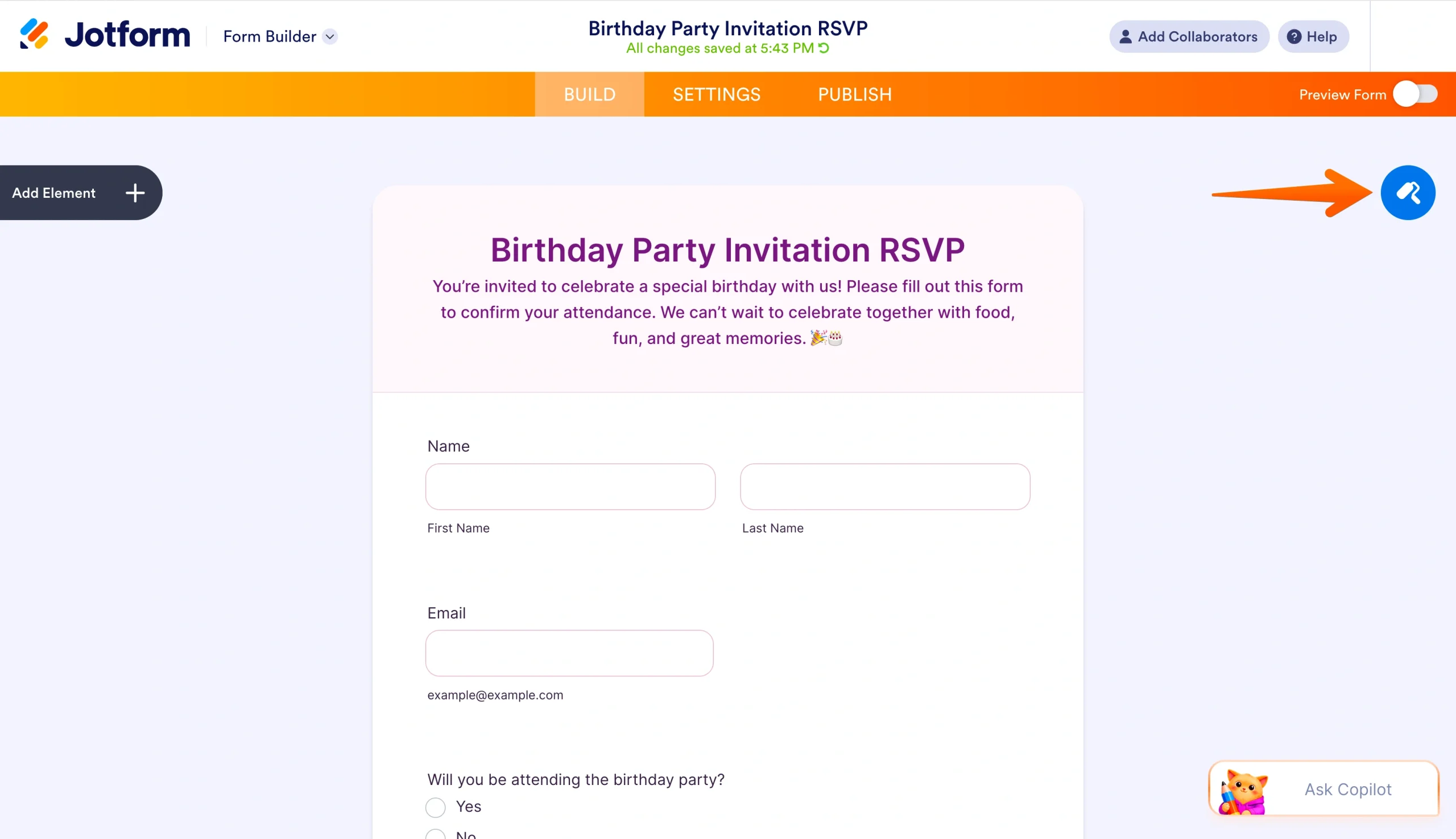 Jotform Form Builder with the Form Designer button highlighted