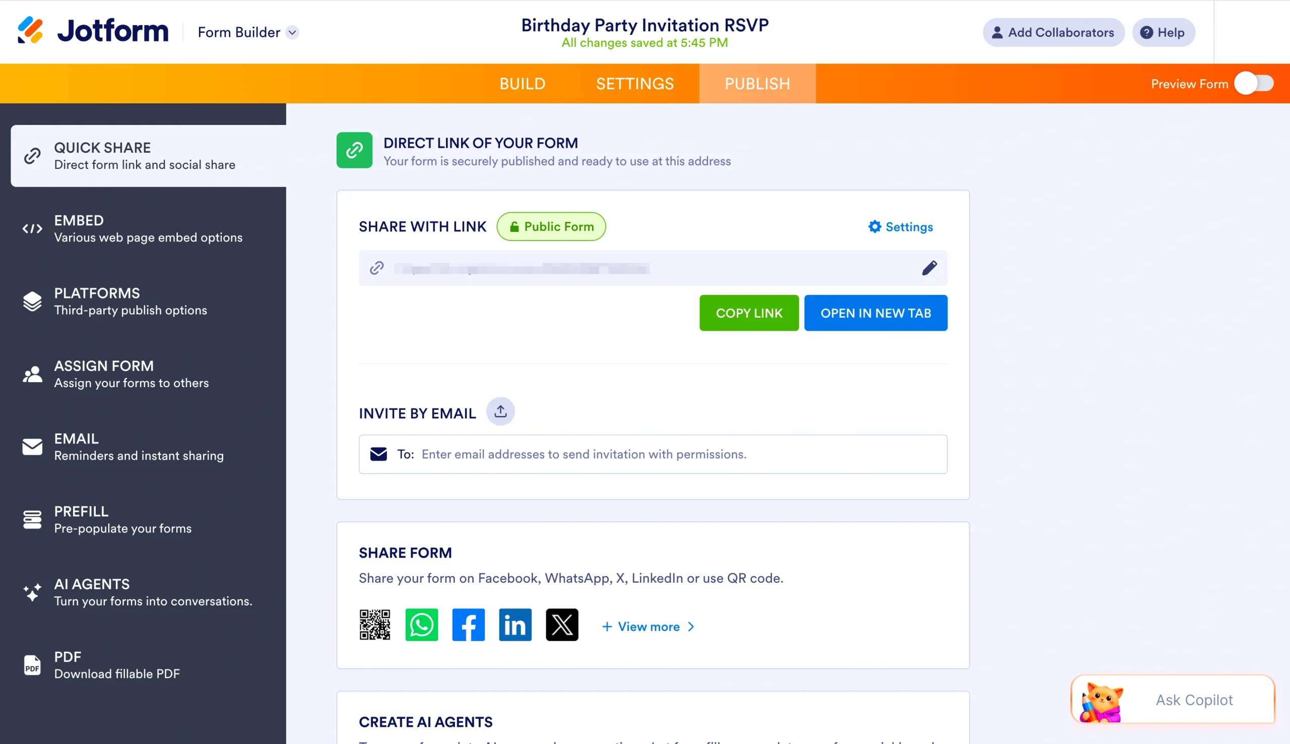 Jotform Publish tab with form sharing options