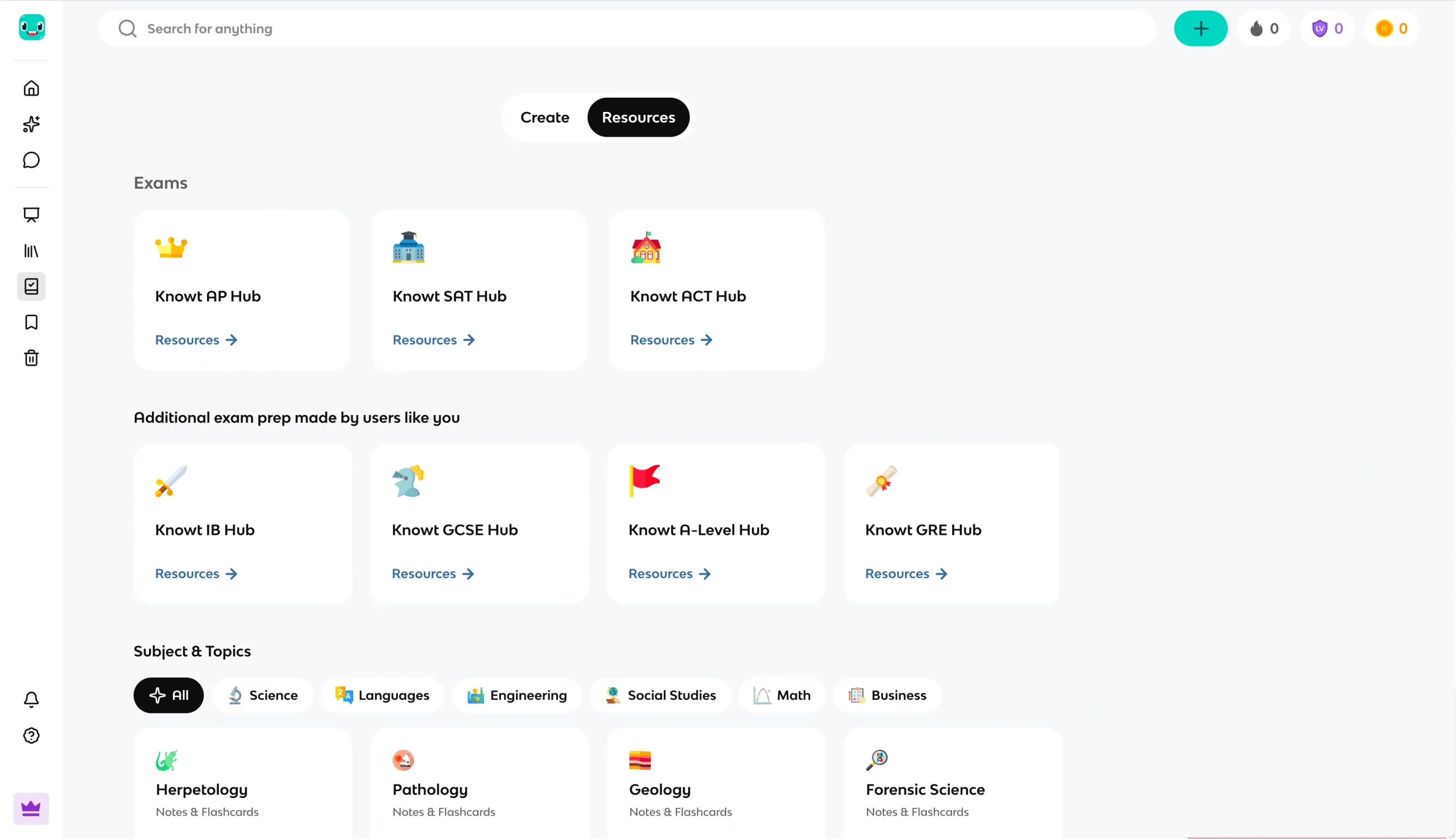 Knowt resources page with exam prep hubs, study topics, and flashcard categories for students