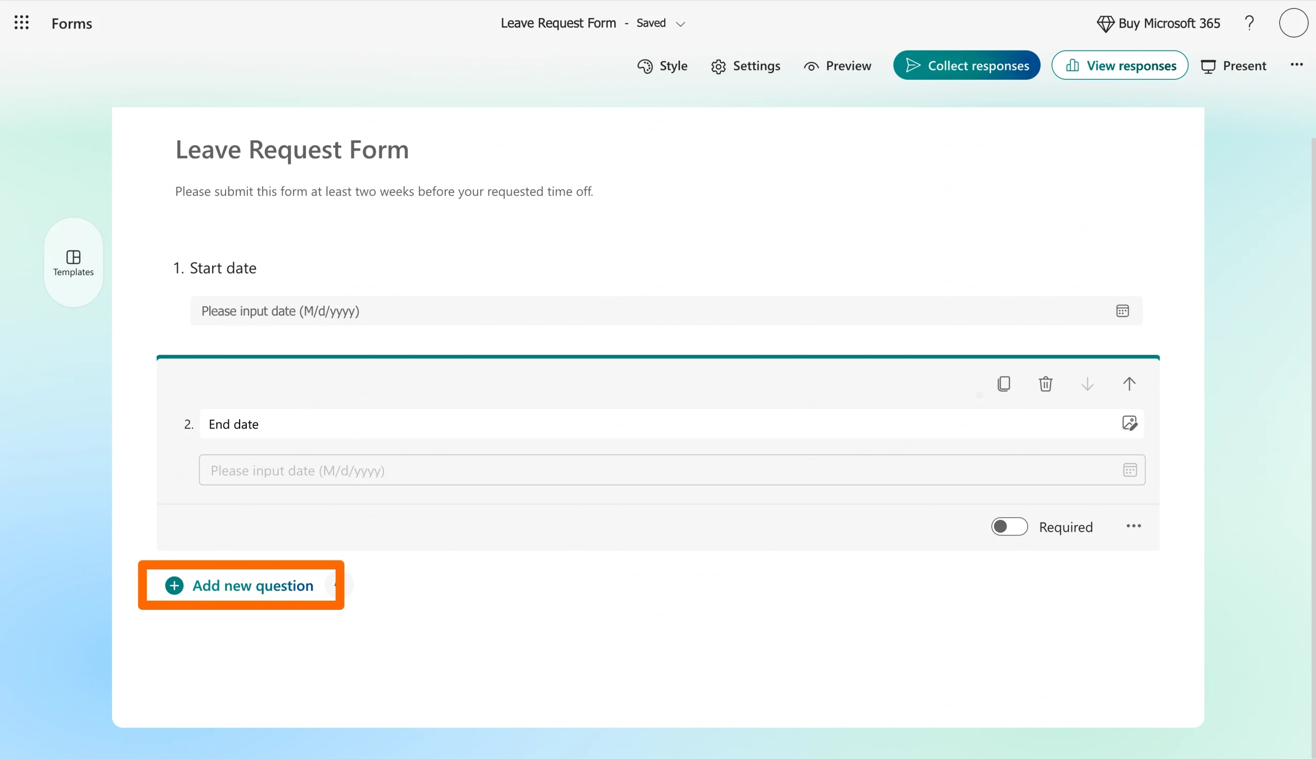 Microsoft Forms editor for a Leave Request Form with the Add new question button highlighted