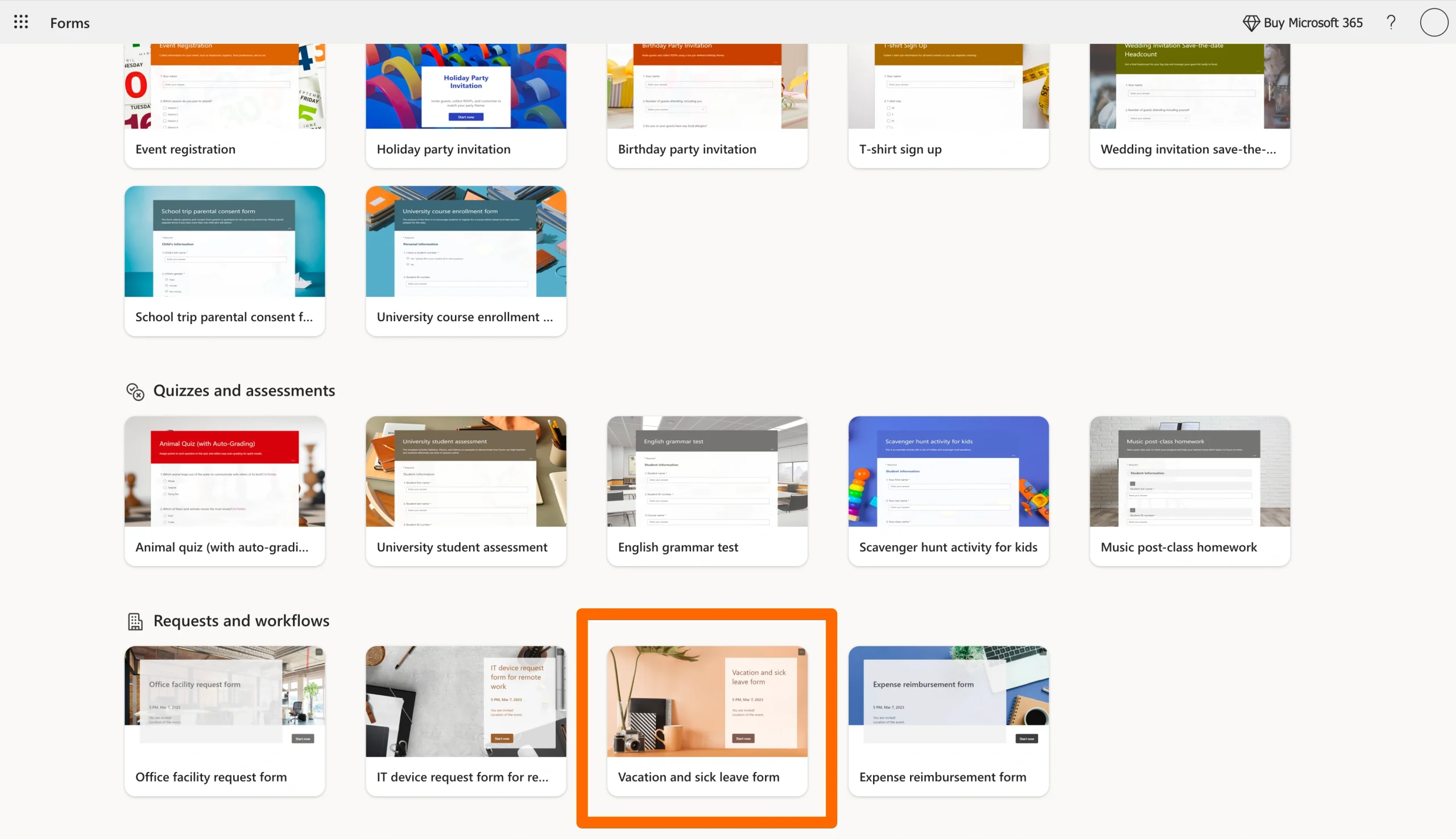 Microsoft Forms template gallery with the Vacation and sick leave form template highlighted