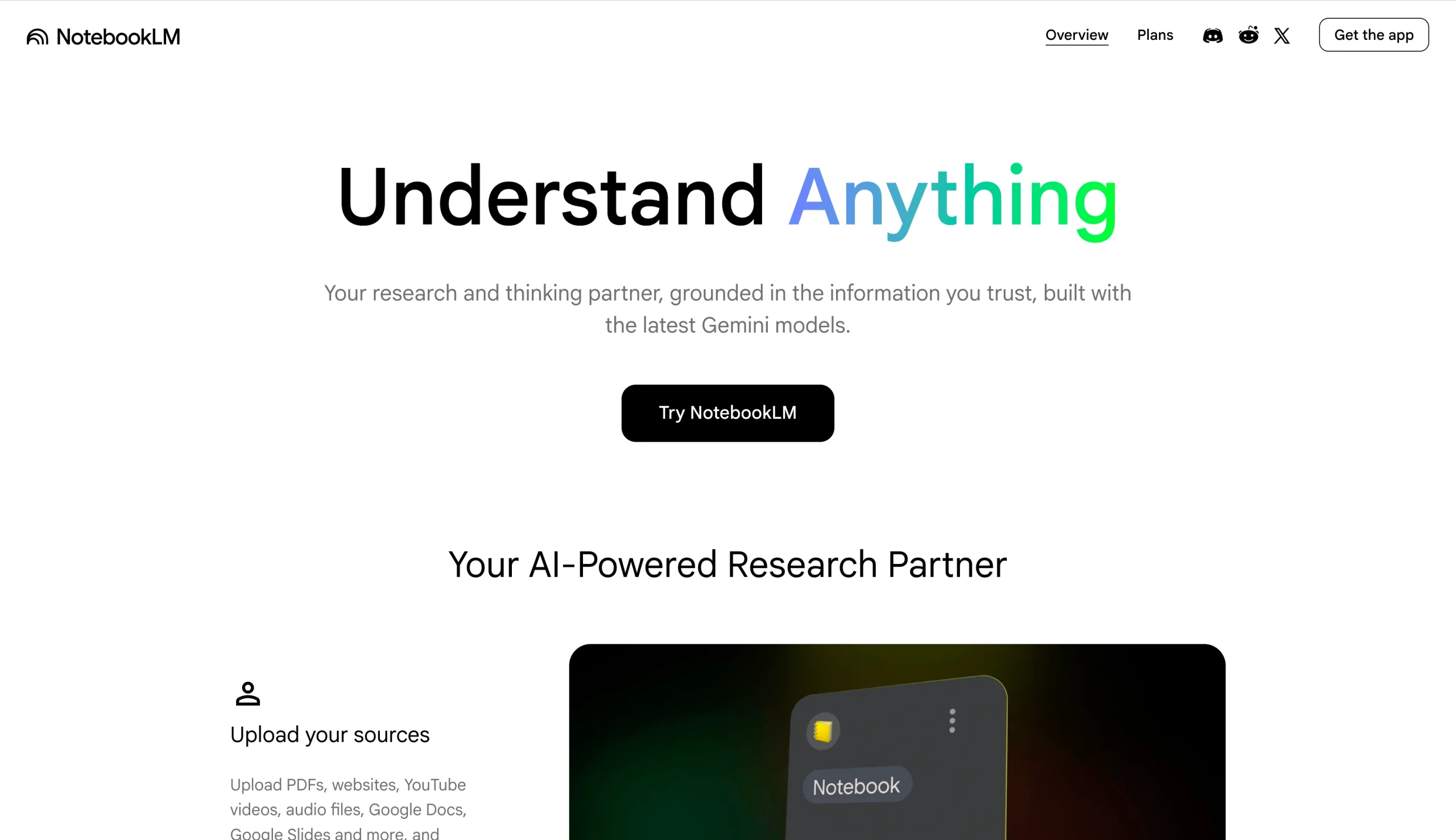Screenshot of the NotebookLM landing page