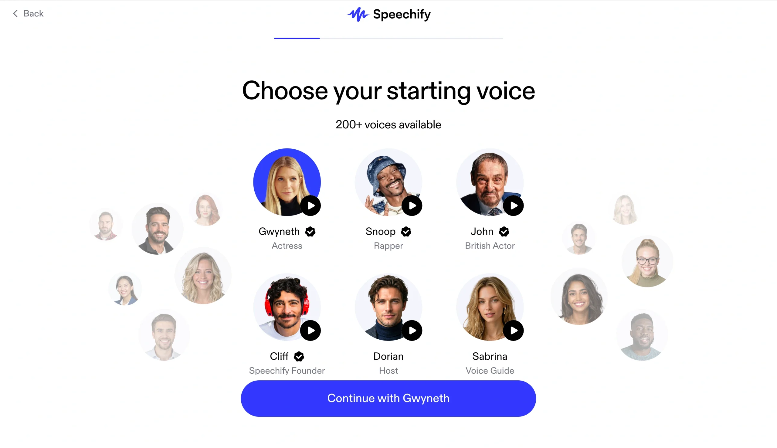 Speechify voice selection screen with multiple AI voice profiles to choose from.
