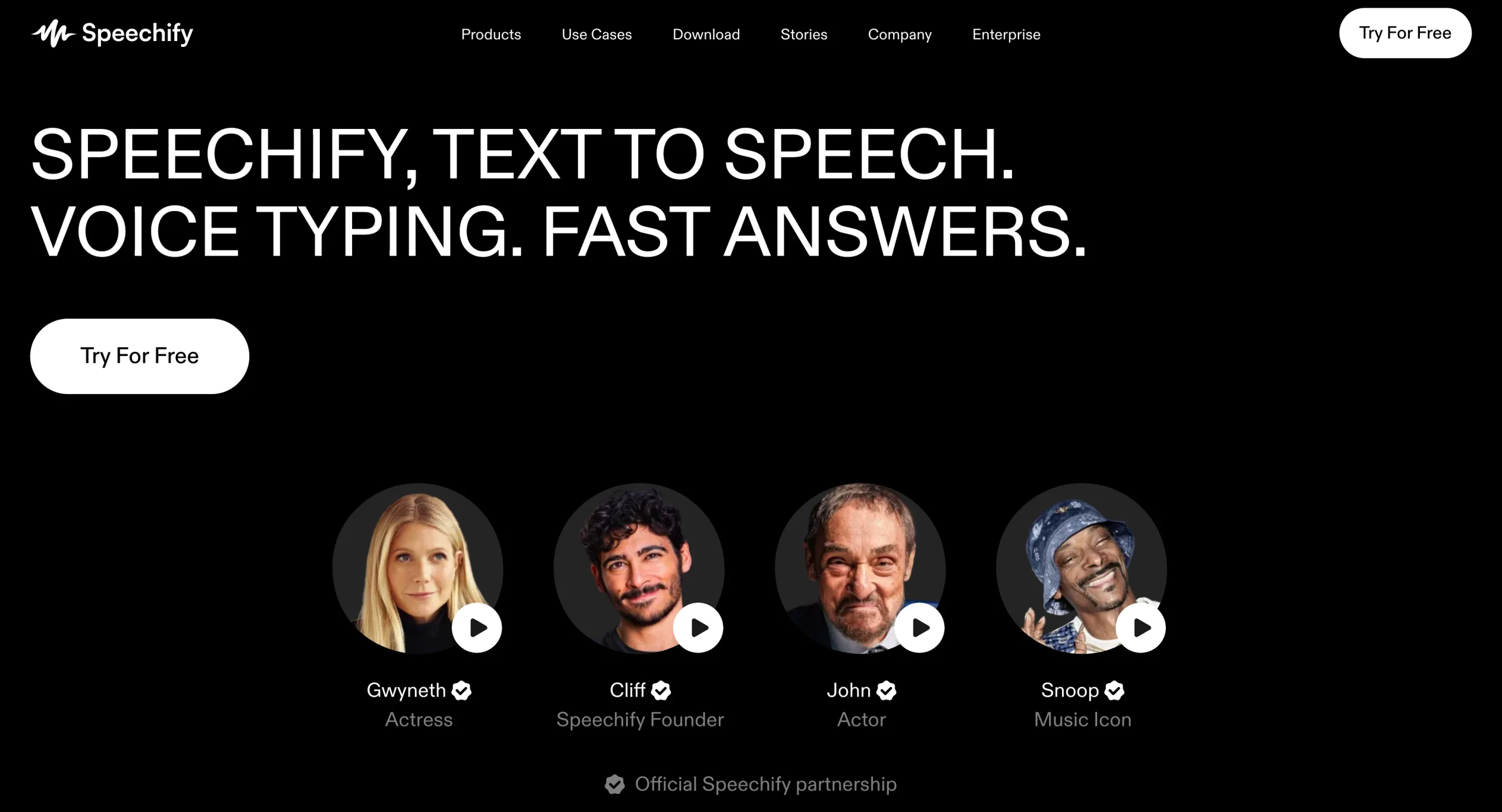 Speechify homepage promoting text-to-speech and AI voice features with celebrity voice options