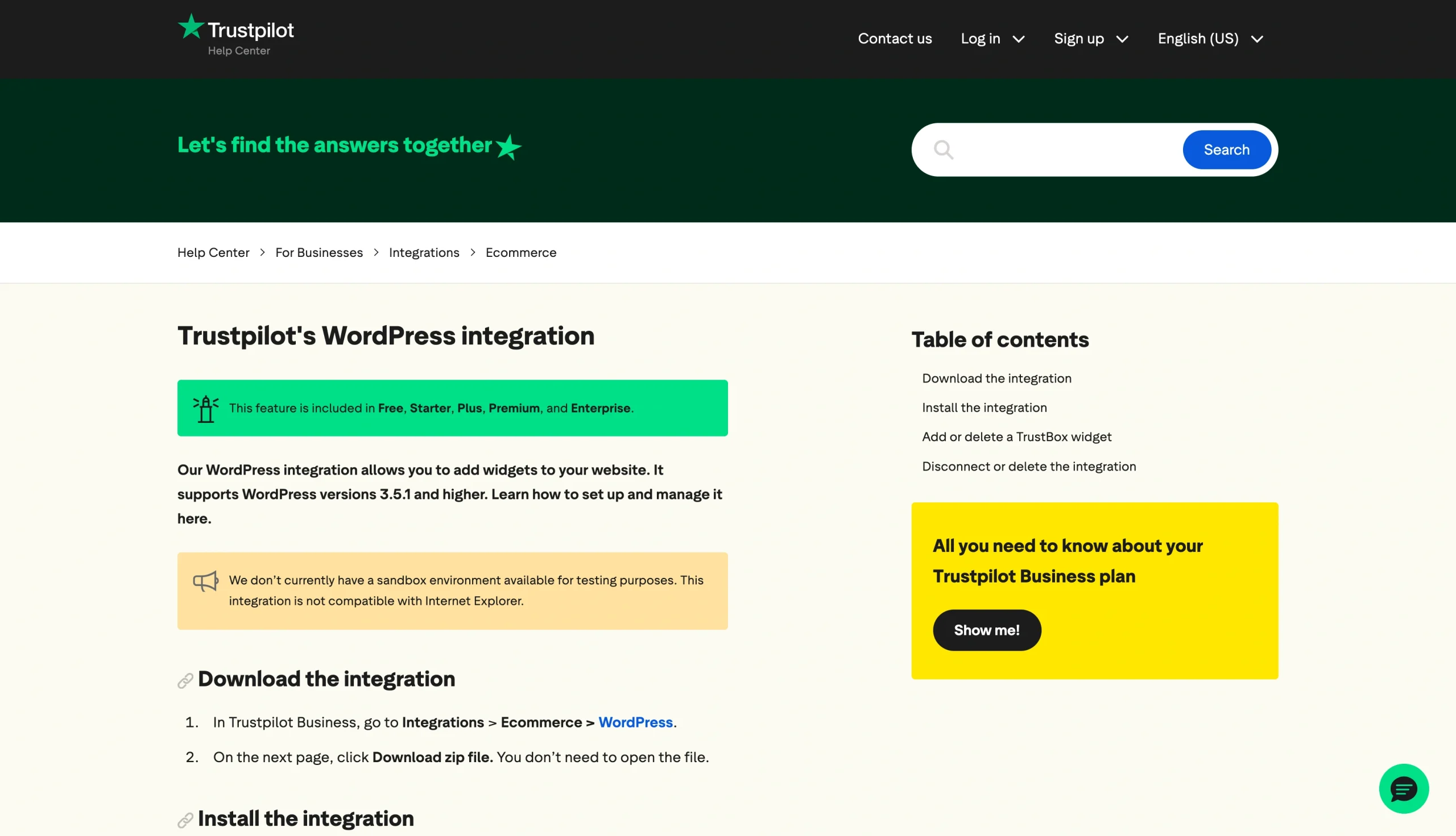 Trustpilot’s WordPress integration setup page
