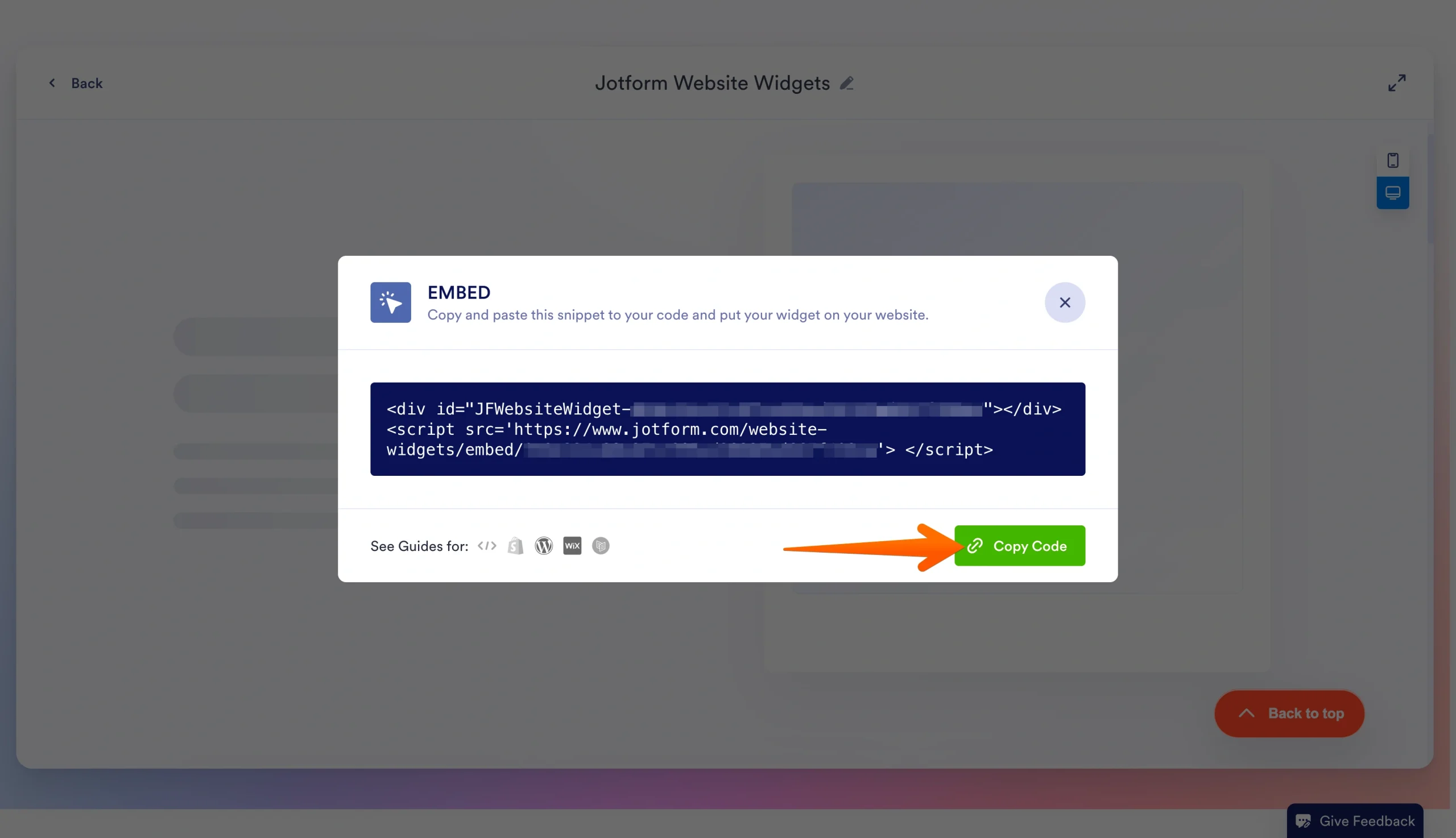 Jotform Back to Top Widget embed pop-up, showing the embed code and Copy Code button