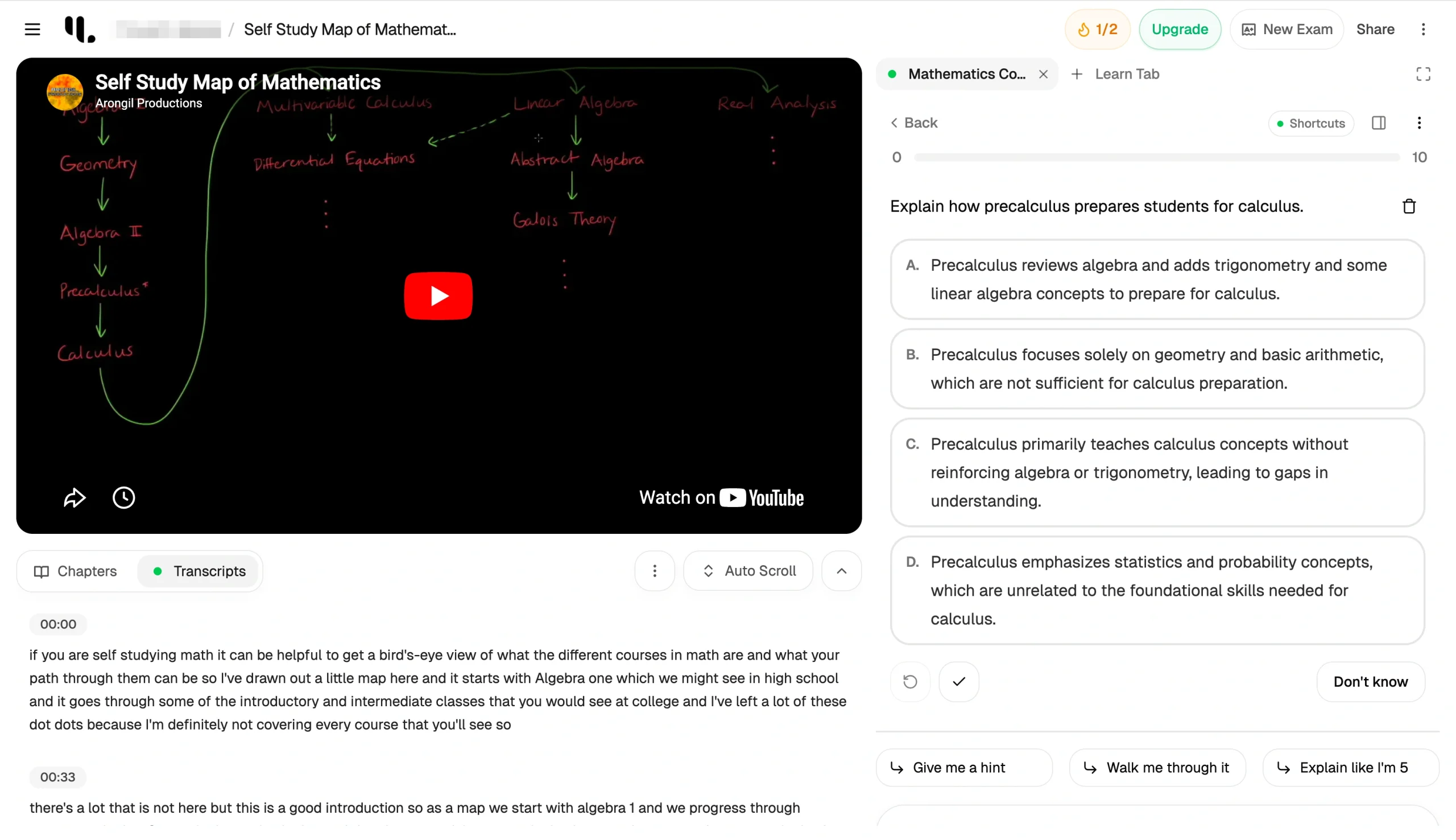 AI tutoring platform showing a math video lesson with quiz questions and transcript tools