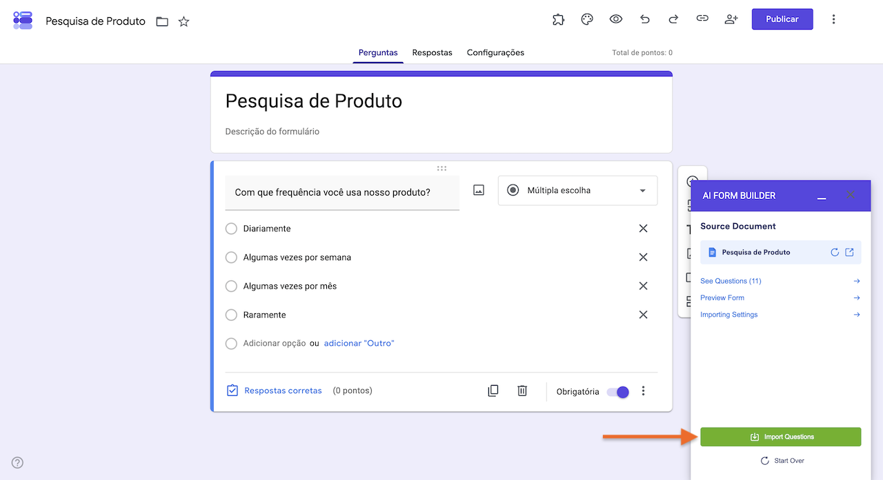 Botão Import Questions no AI Form Builder