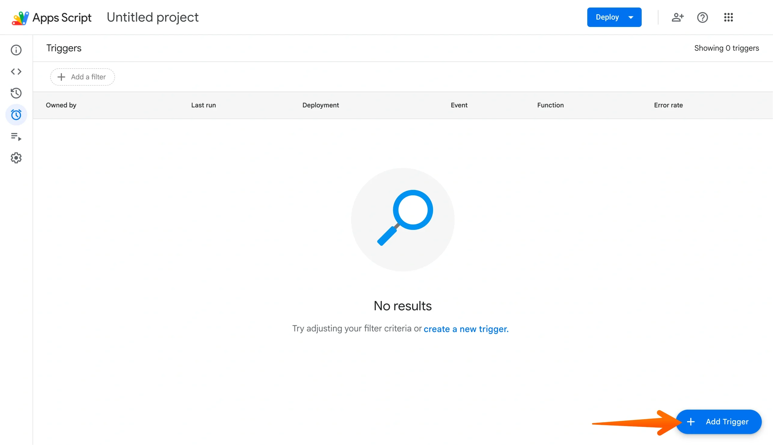 Apps Script interface with an arrow pointing to the blue "+ Add Trigger" button in the bottom right of the screen