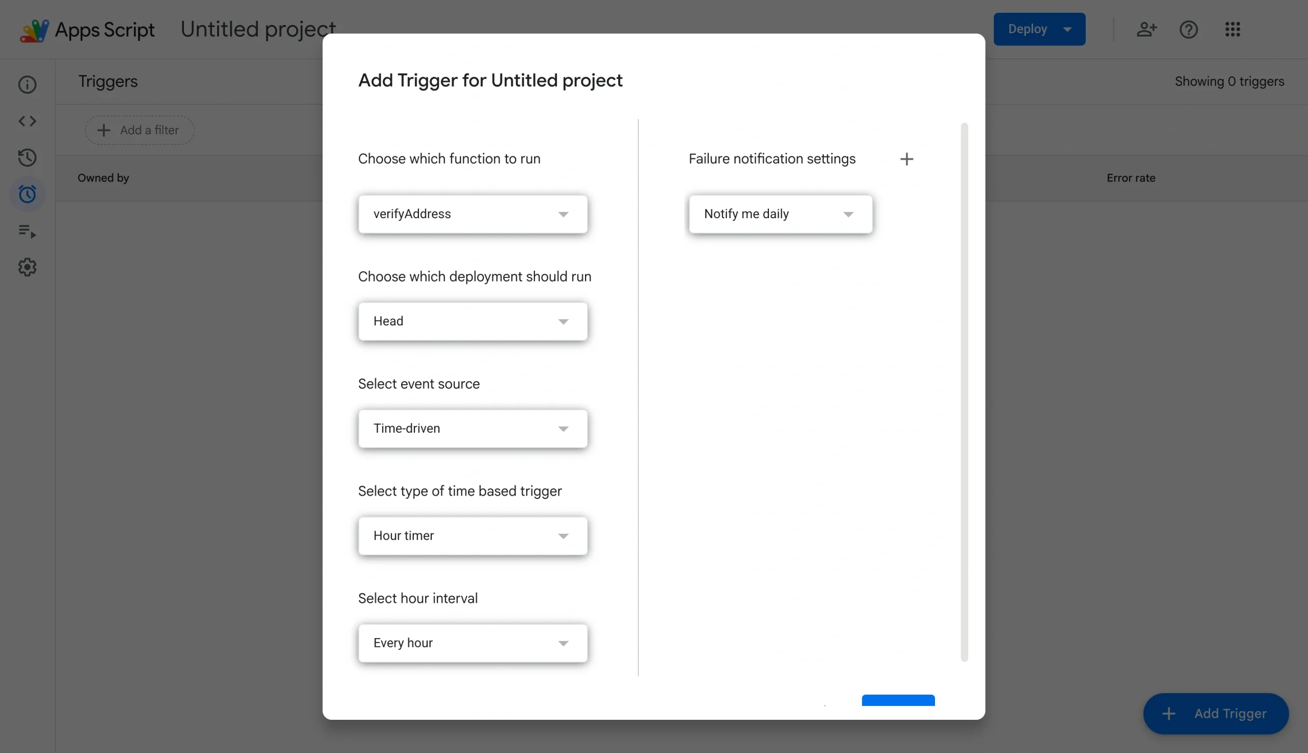 Apps Script interface with the settings completed in the "Add Trigger for Address autocomplete form" popup that appears