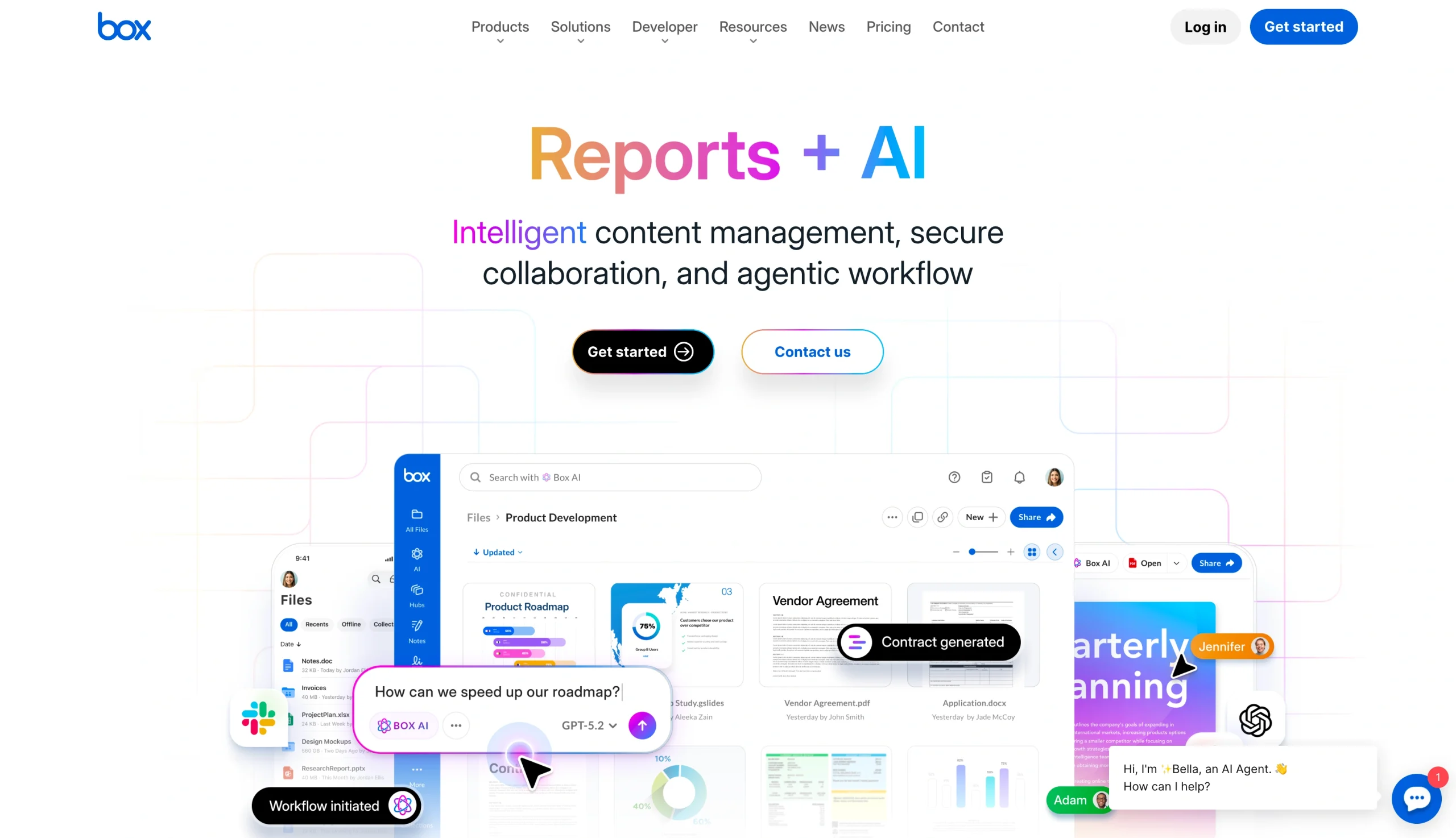 Screenshot of the Box landing page, showing a headline "Reports+ AI"