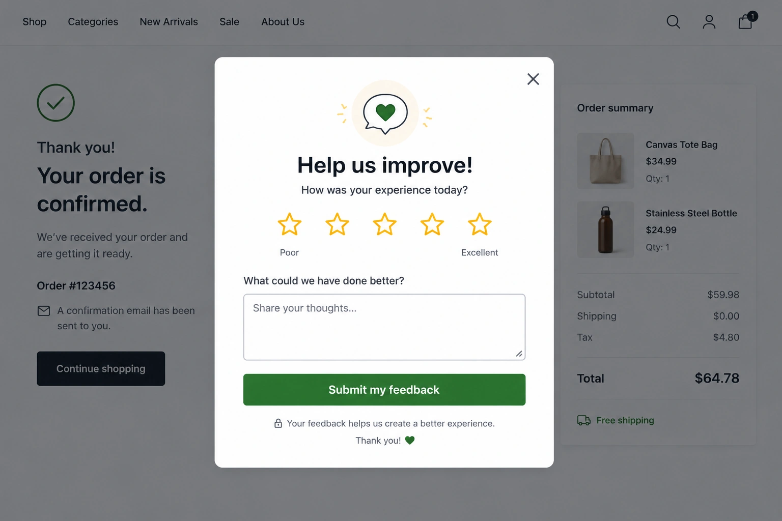 Customer feedback popup with a star rating and open-ended response field