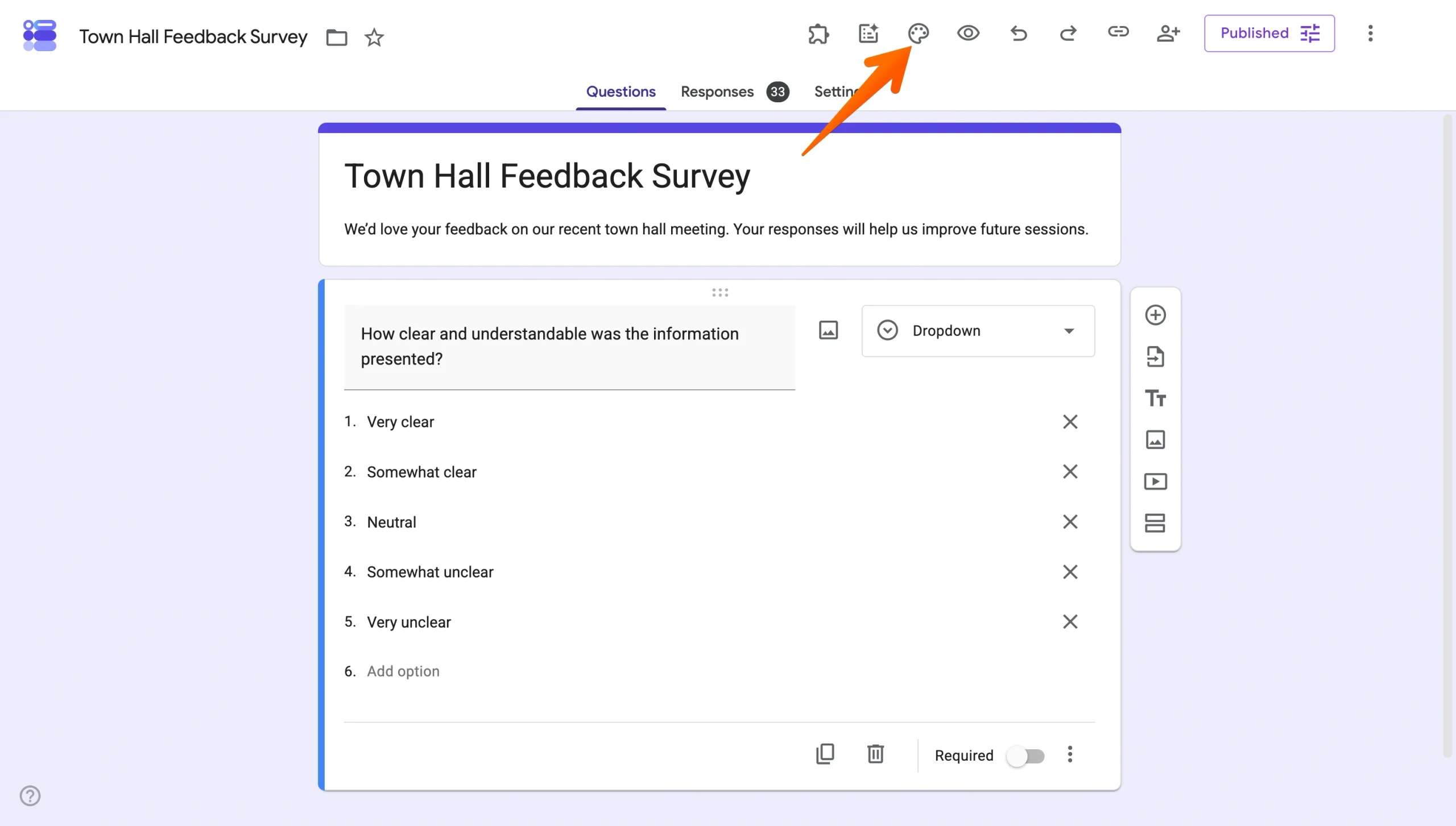 Google Forms editor showing the Painter’s Palette icon for customizing the form theme