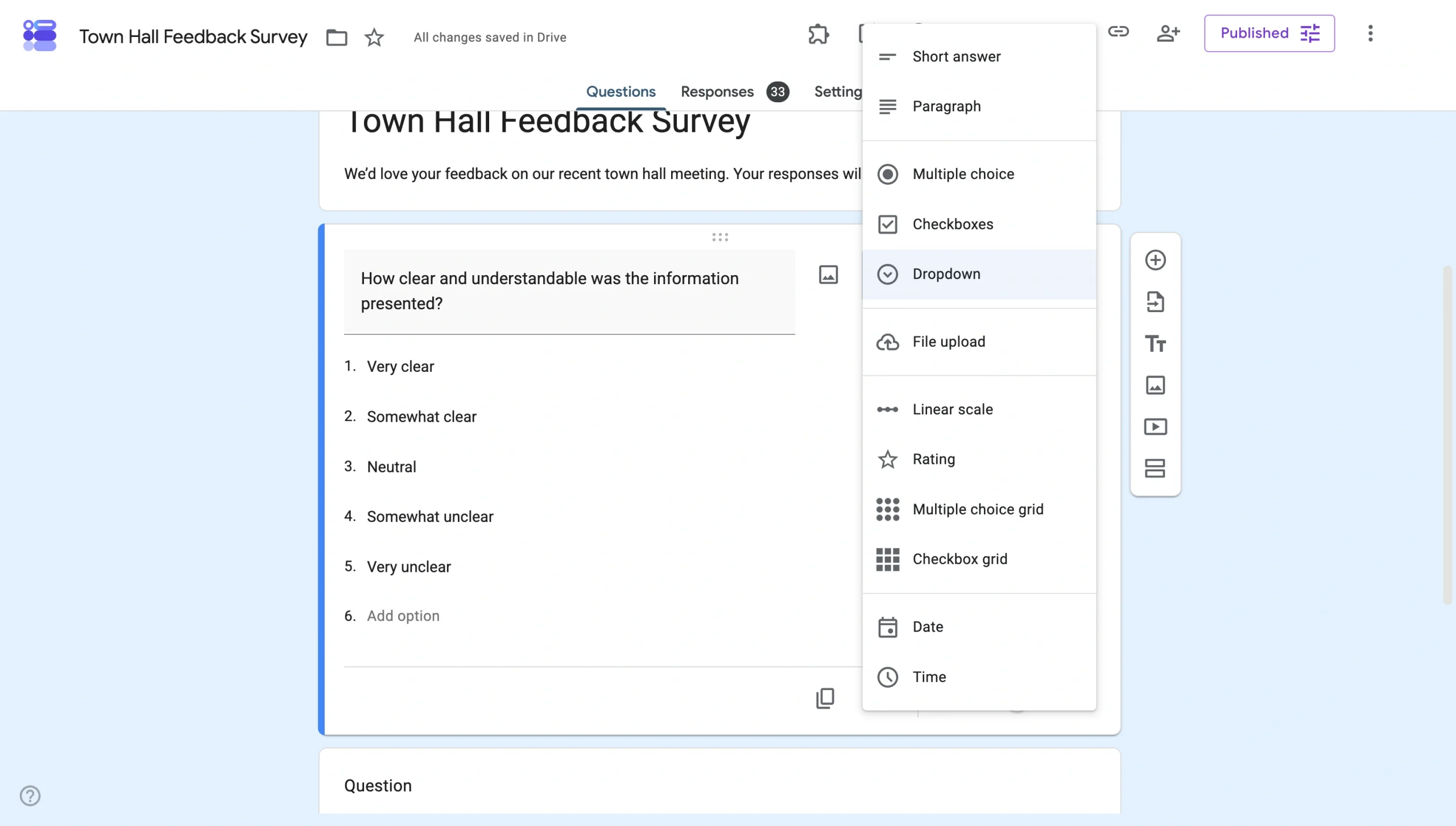 Google Forms editor showing the question type dropdown with multiple-choice and dropdown options