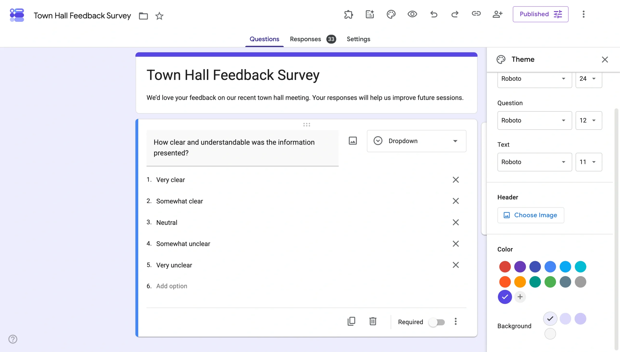Google Forms theme panel showing options for fonts, header image, and theme colors