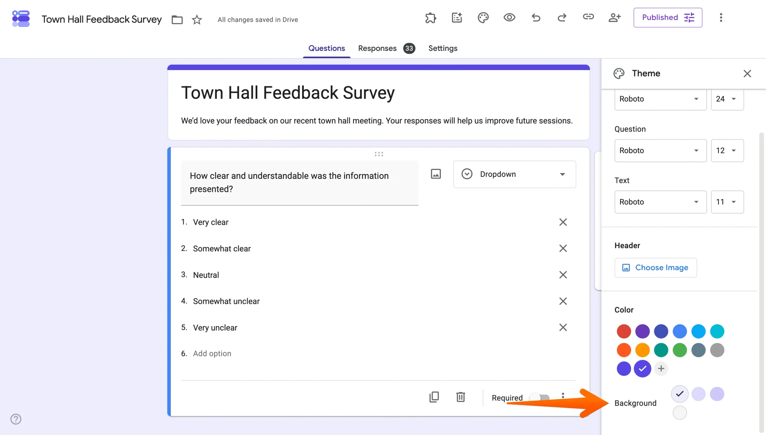 Google Forms theme panel showing background color options for changing the form’s shade
