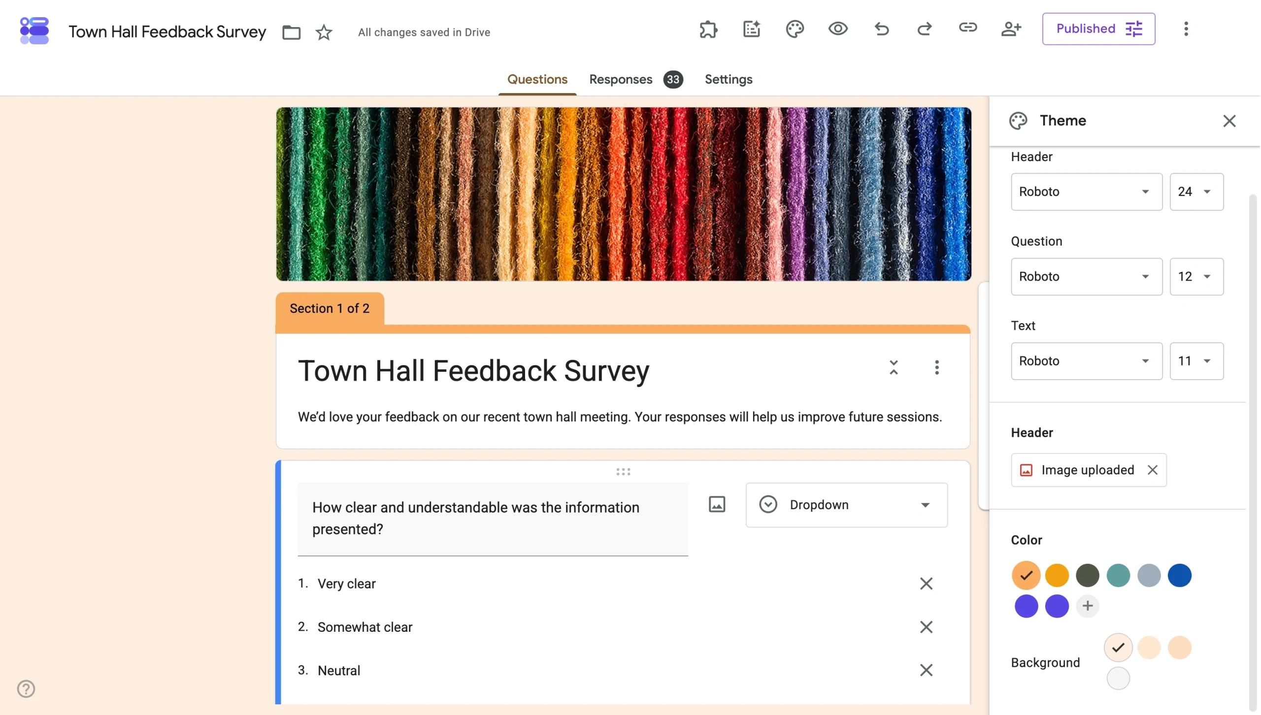 Google Forms editor showing an uploaded header image and matching theme colors