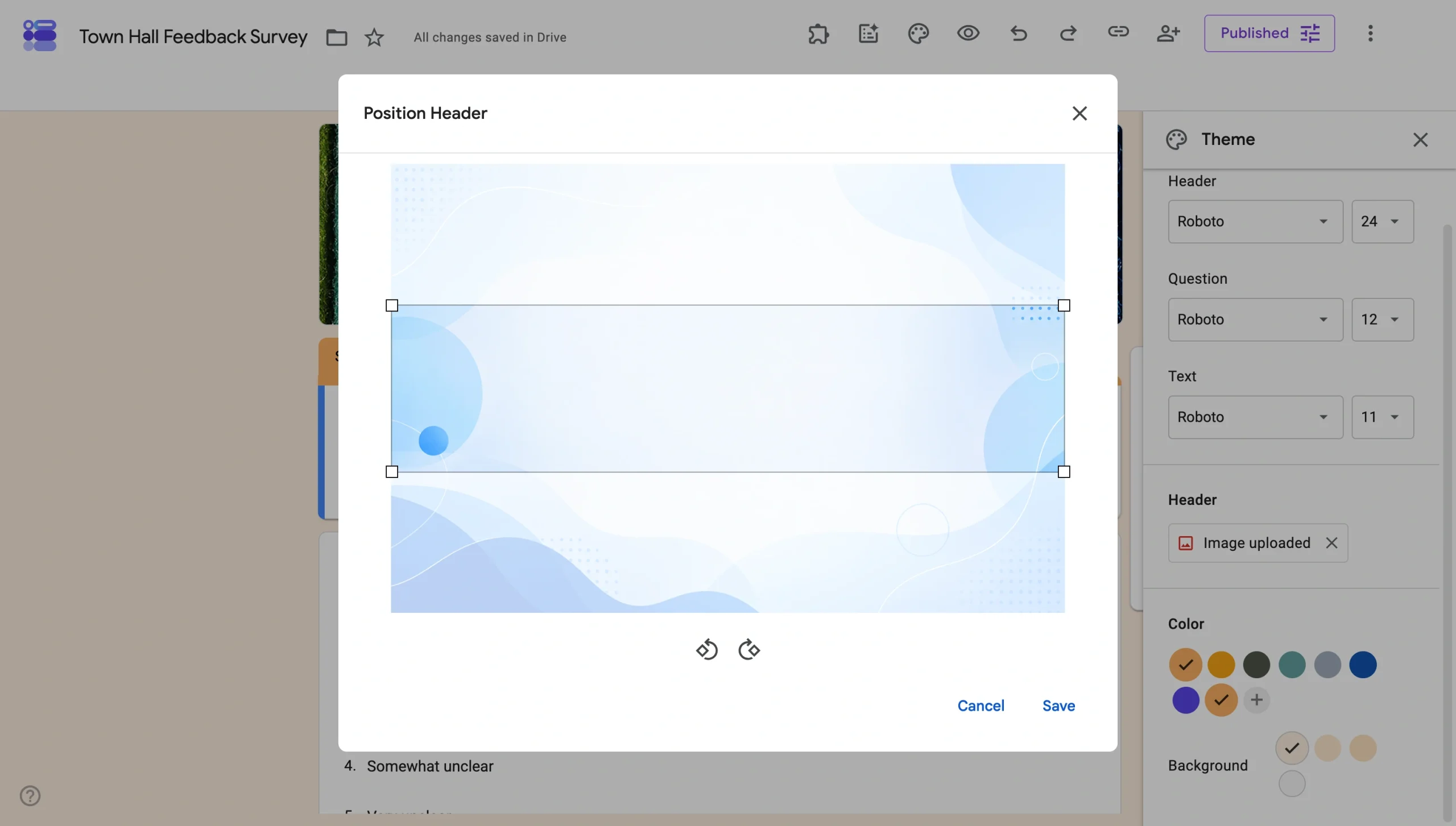 Google Forms cropping tool for positioning a header image before saving