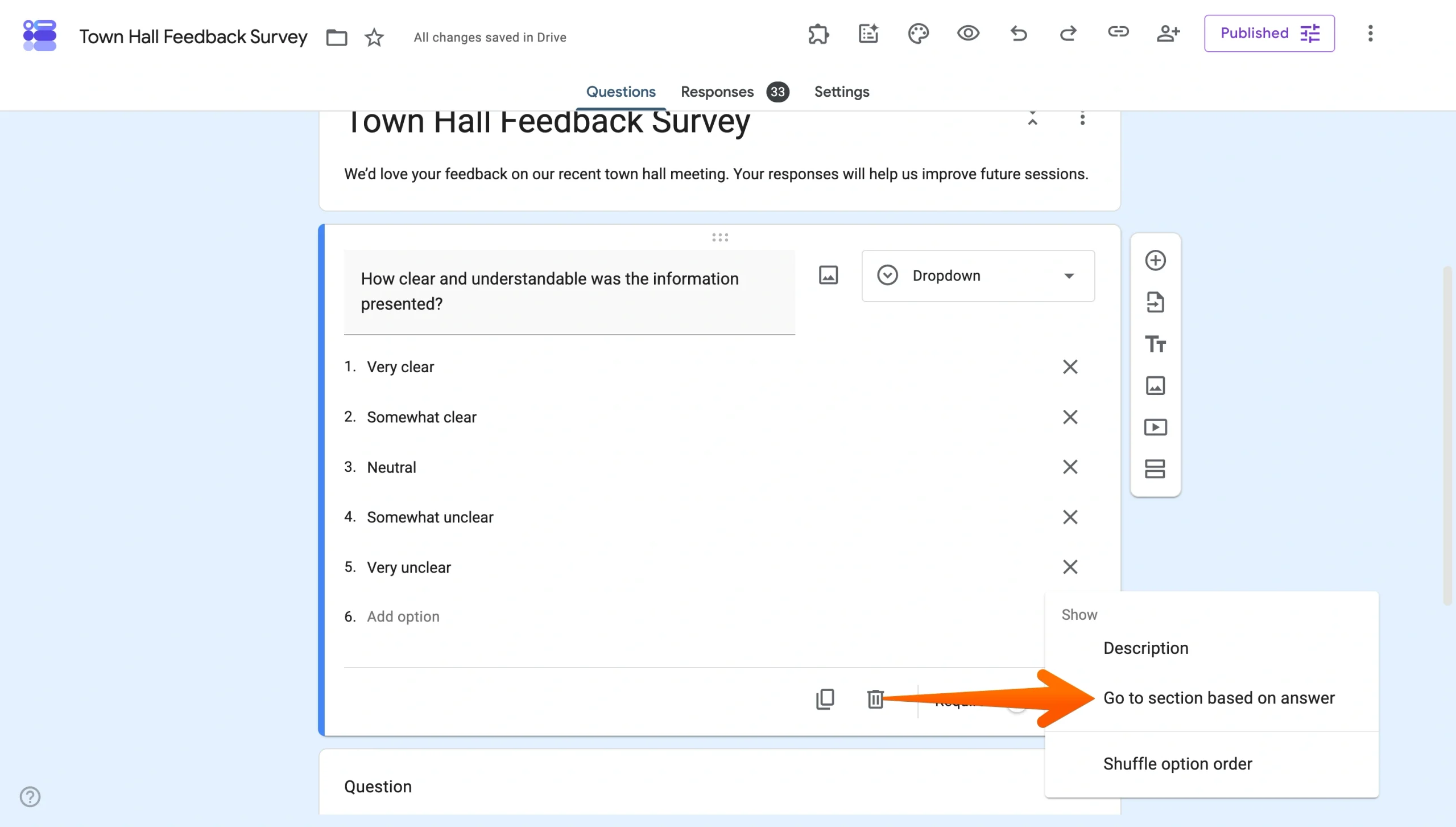Google Forms question menu showing the Go to section based on answer option