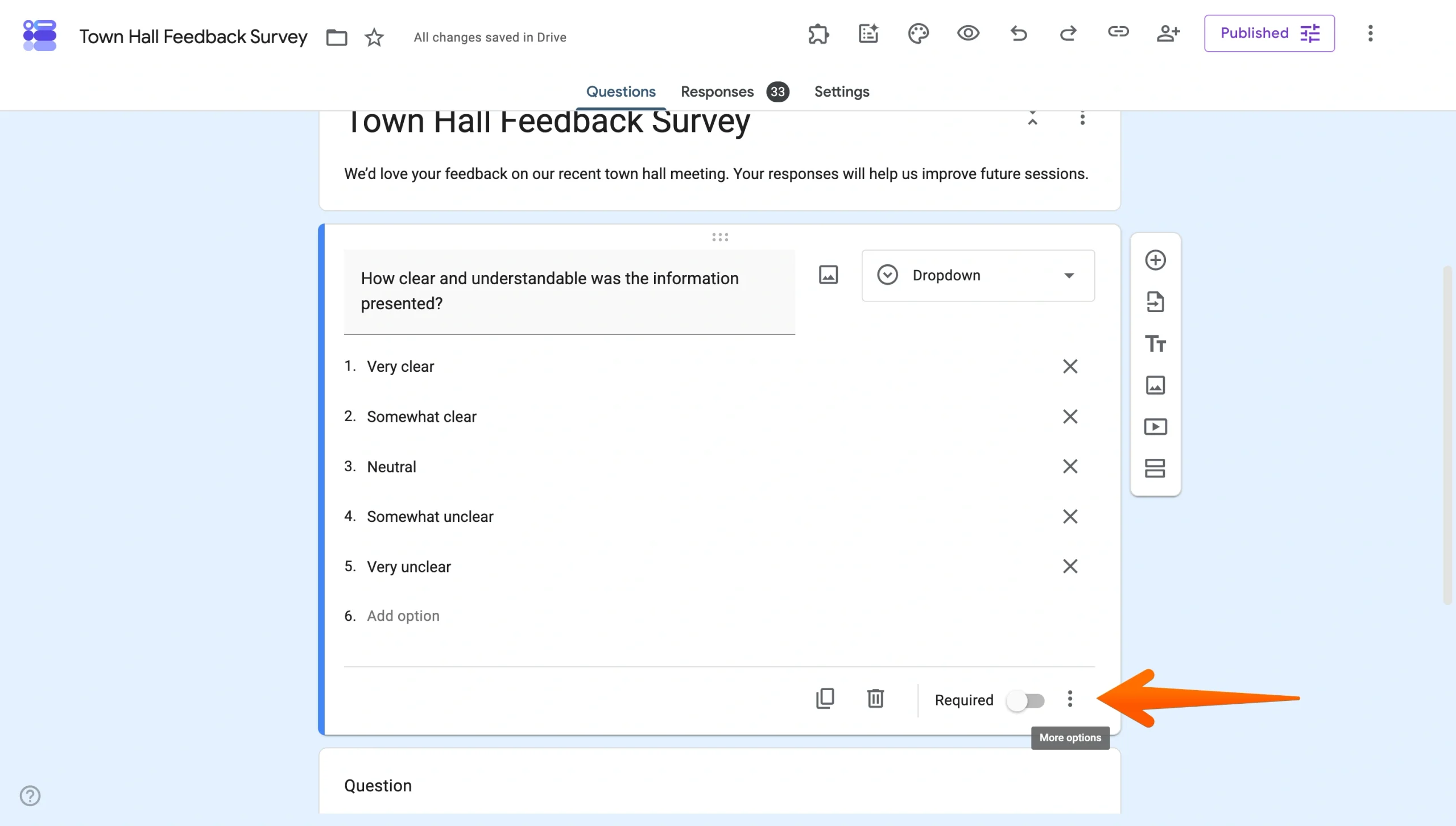 Google Forms question editor showing the three-dot menu for more question settings