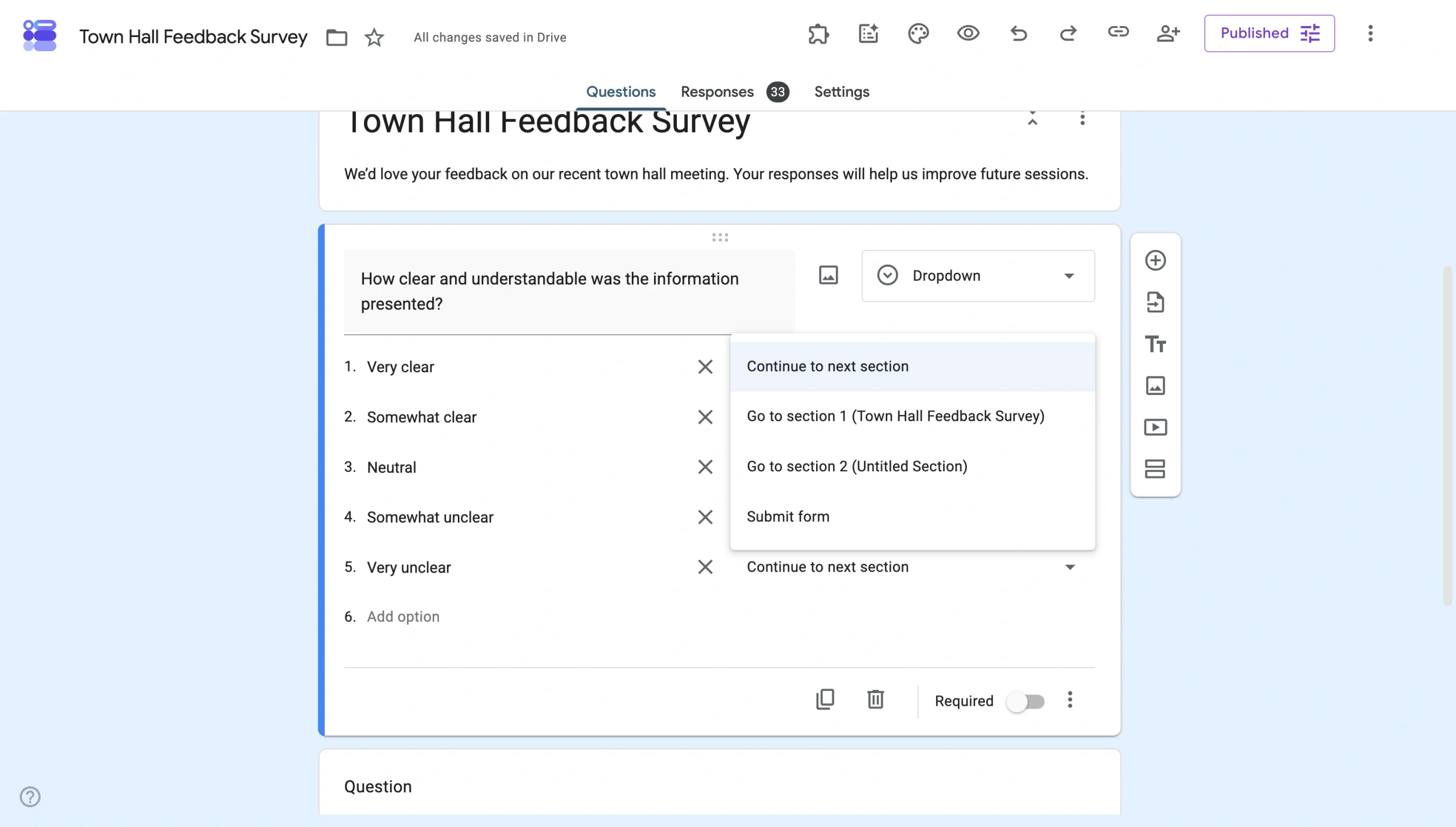 Google Forms editor showing answer choices with section-jump dropdowns for branching logic