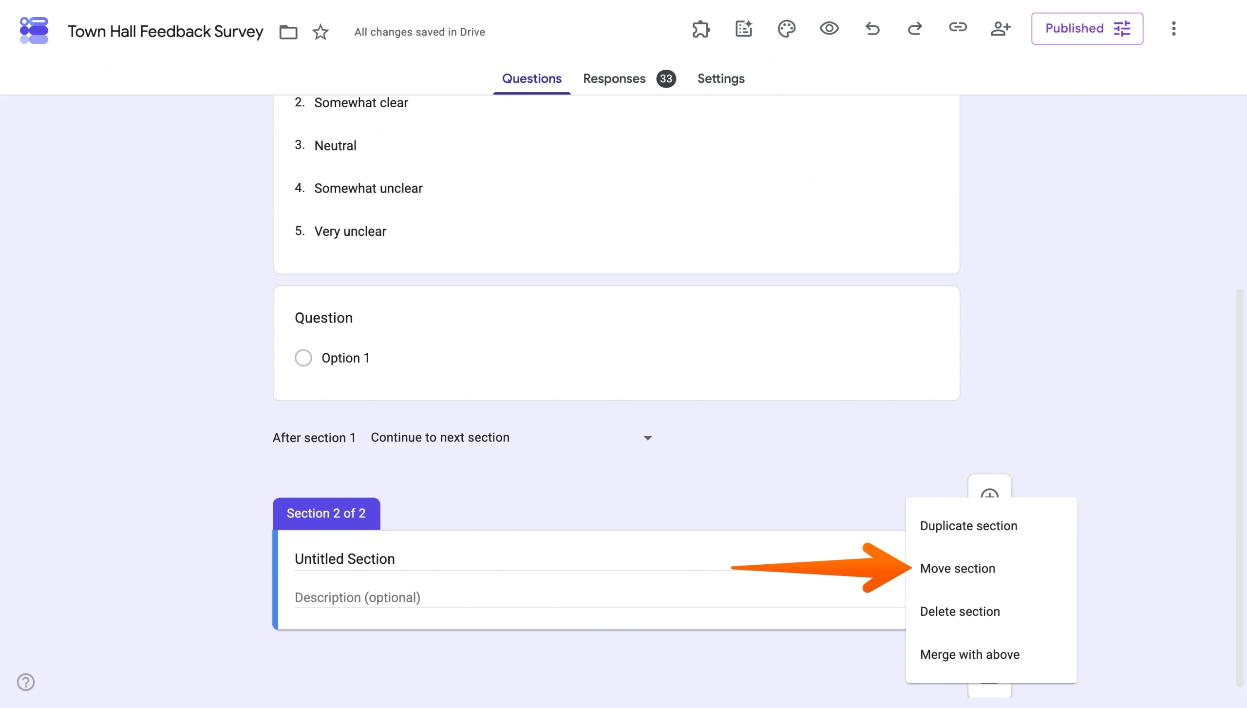 Google Forms section menu showing the Move section option for reordering sections