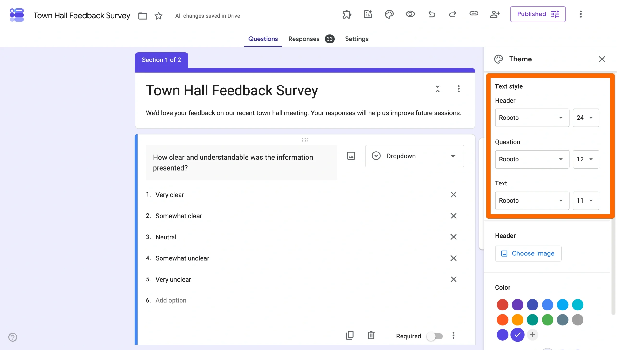 Google Forms theme panel showing the Text style section with header, question, and text font controls