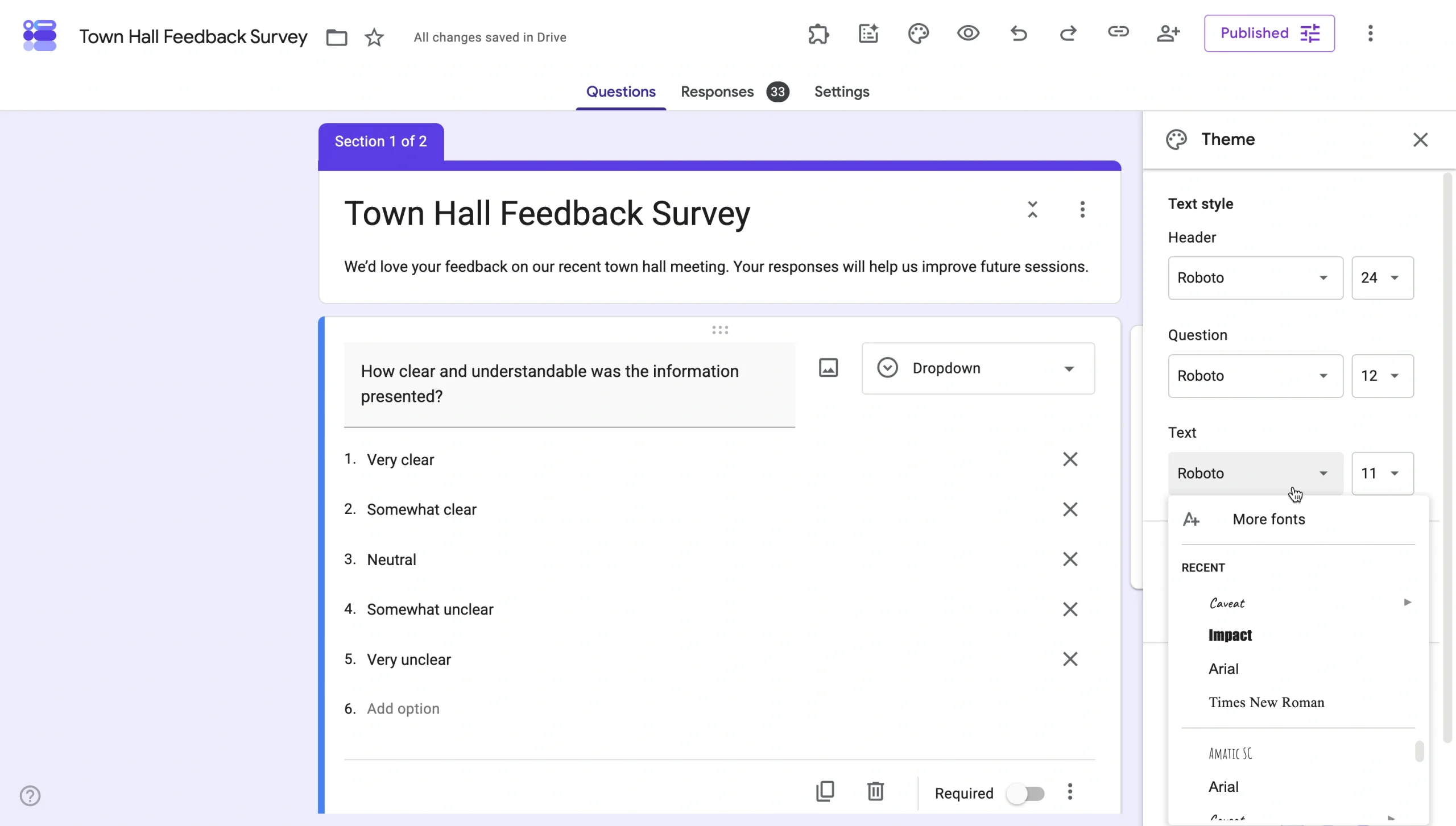 Google Forms theme panel showing the font dropdown for choosing a text style