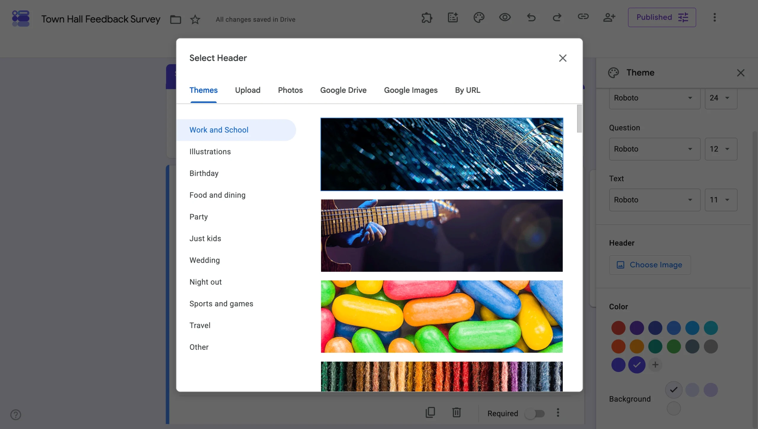 Google Forms header image picker showing theme, upload, and photo source options