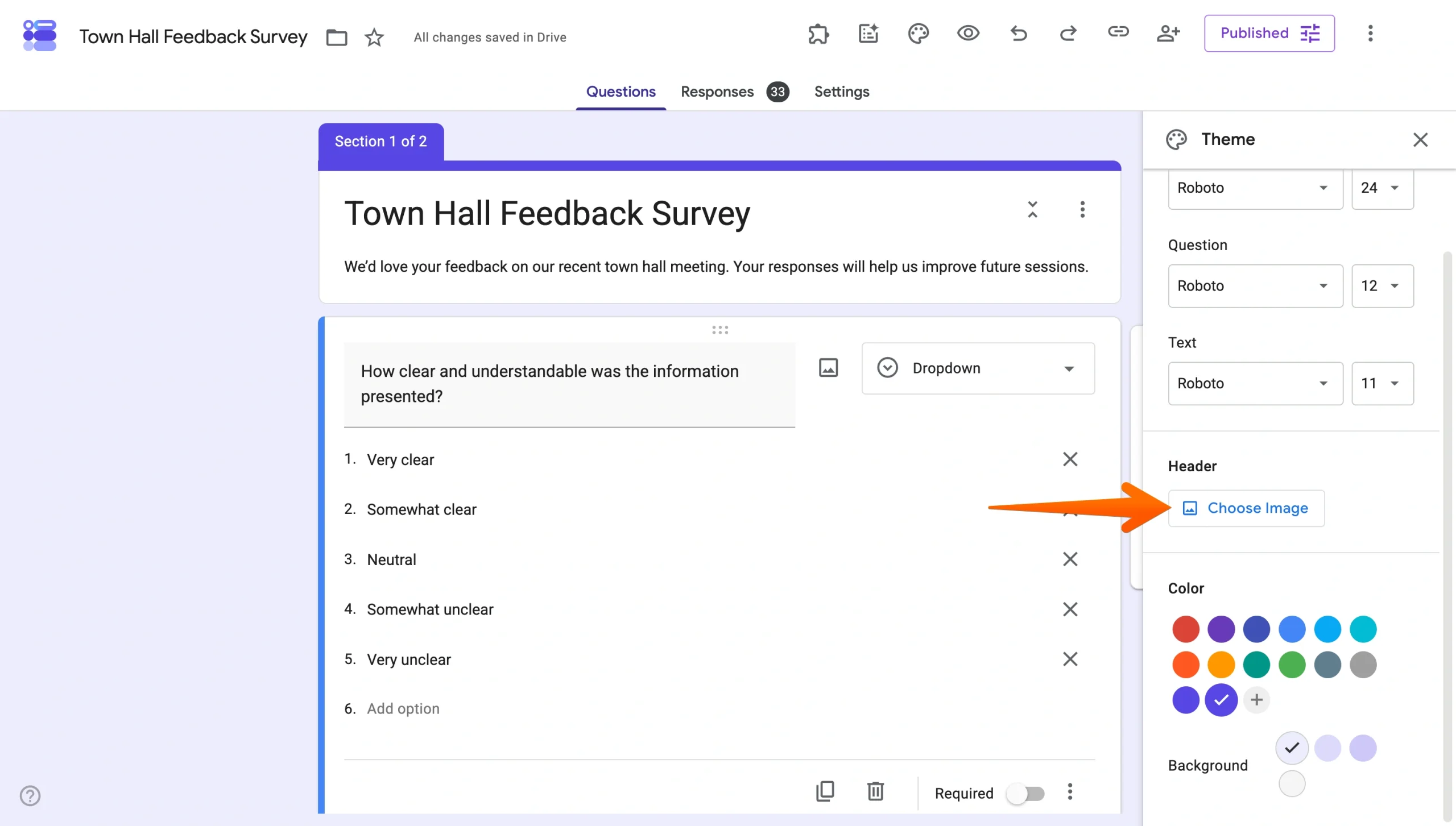 Google Forms theme panel showing the Choose image button in the Header section
