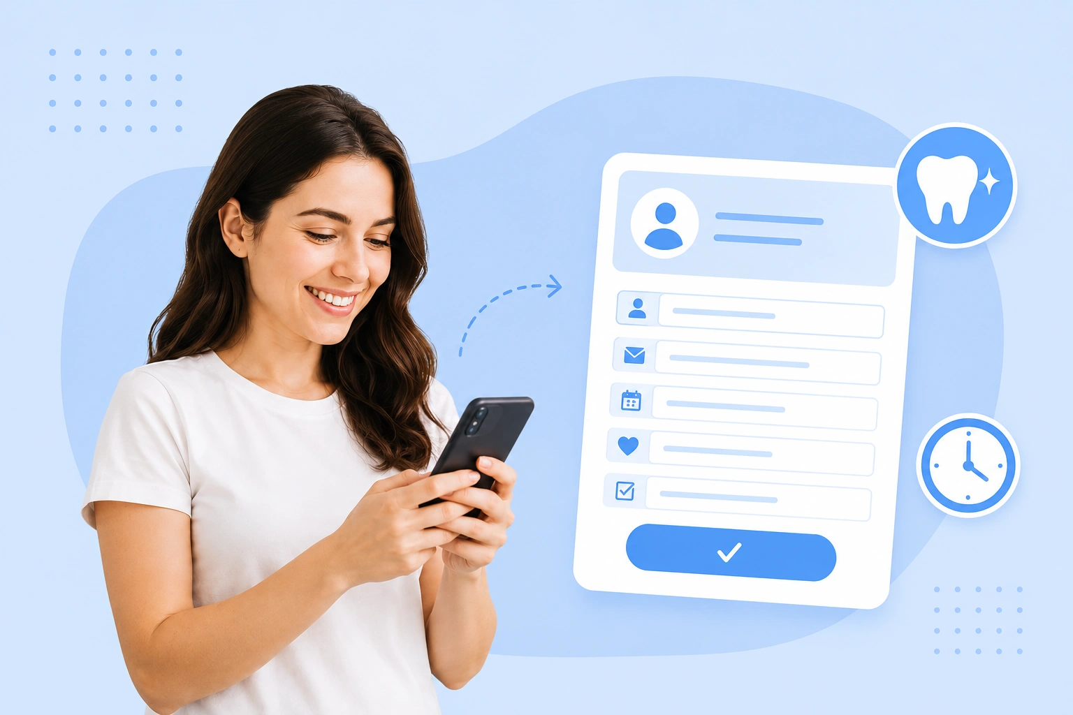 Woman using a smartphone beside a digital dental patient intake form with tooth and appointment icons on a light blue background.