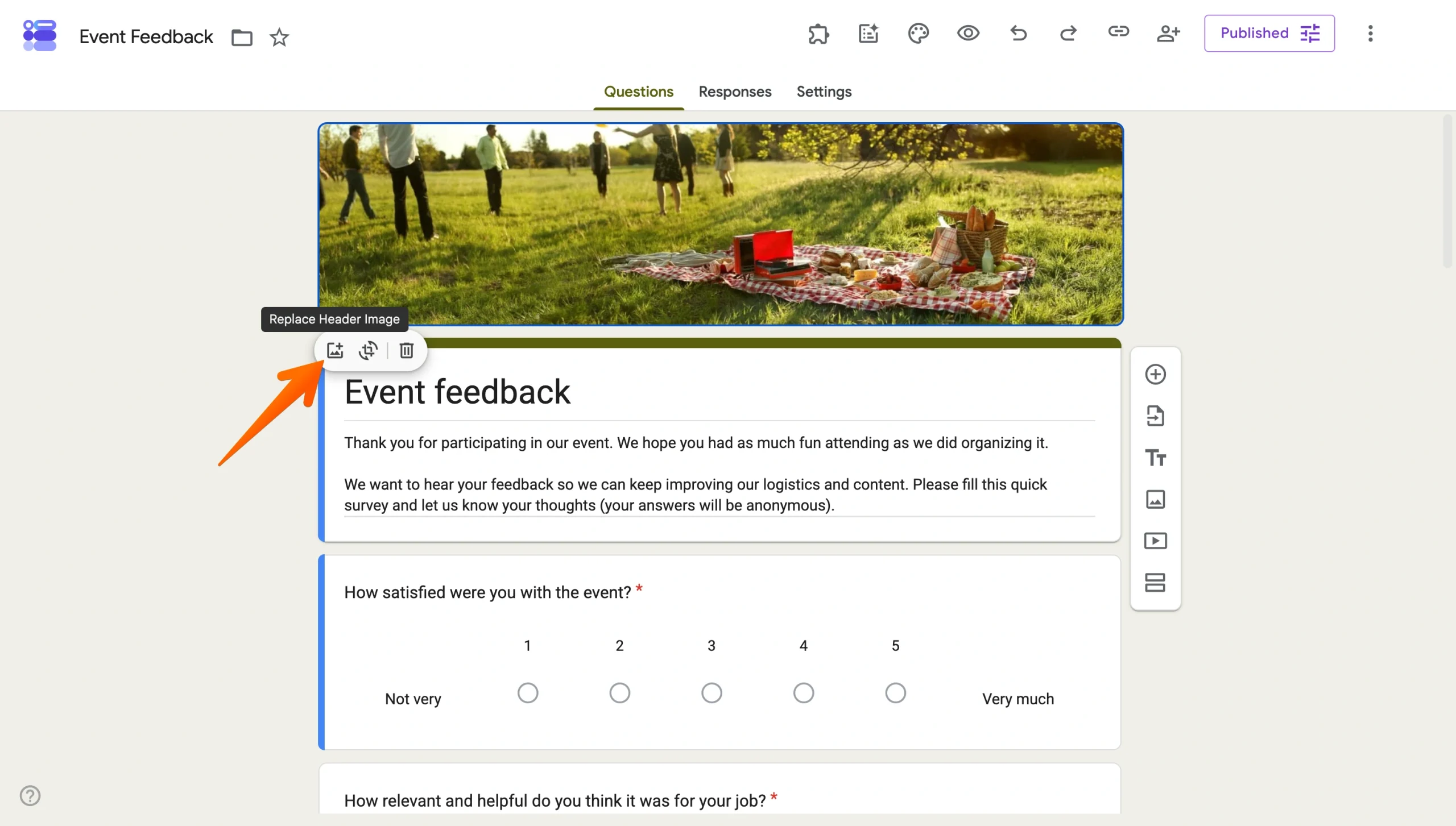 Google Forms editor showing the “Replace header image” button highlighted above a form titled “Event feedback