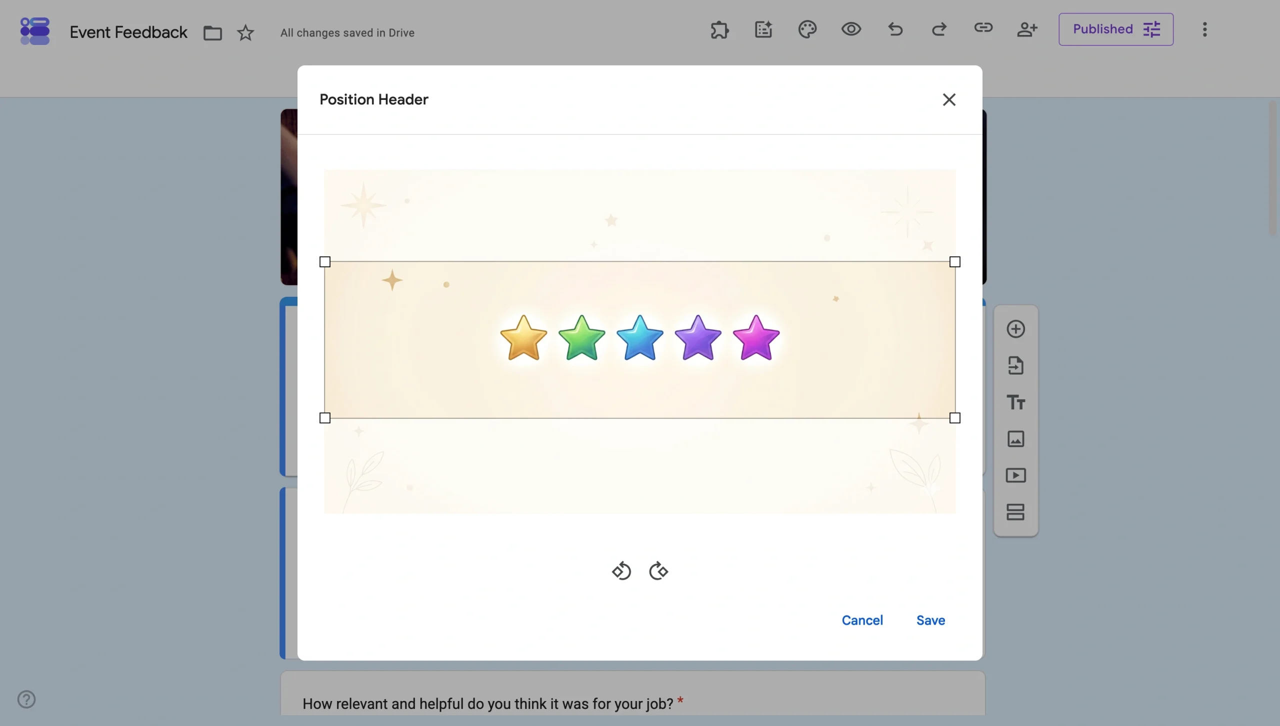 Google Forms header positioning tool with crop handles and rotation controls used to adjust a custom header image