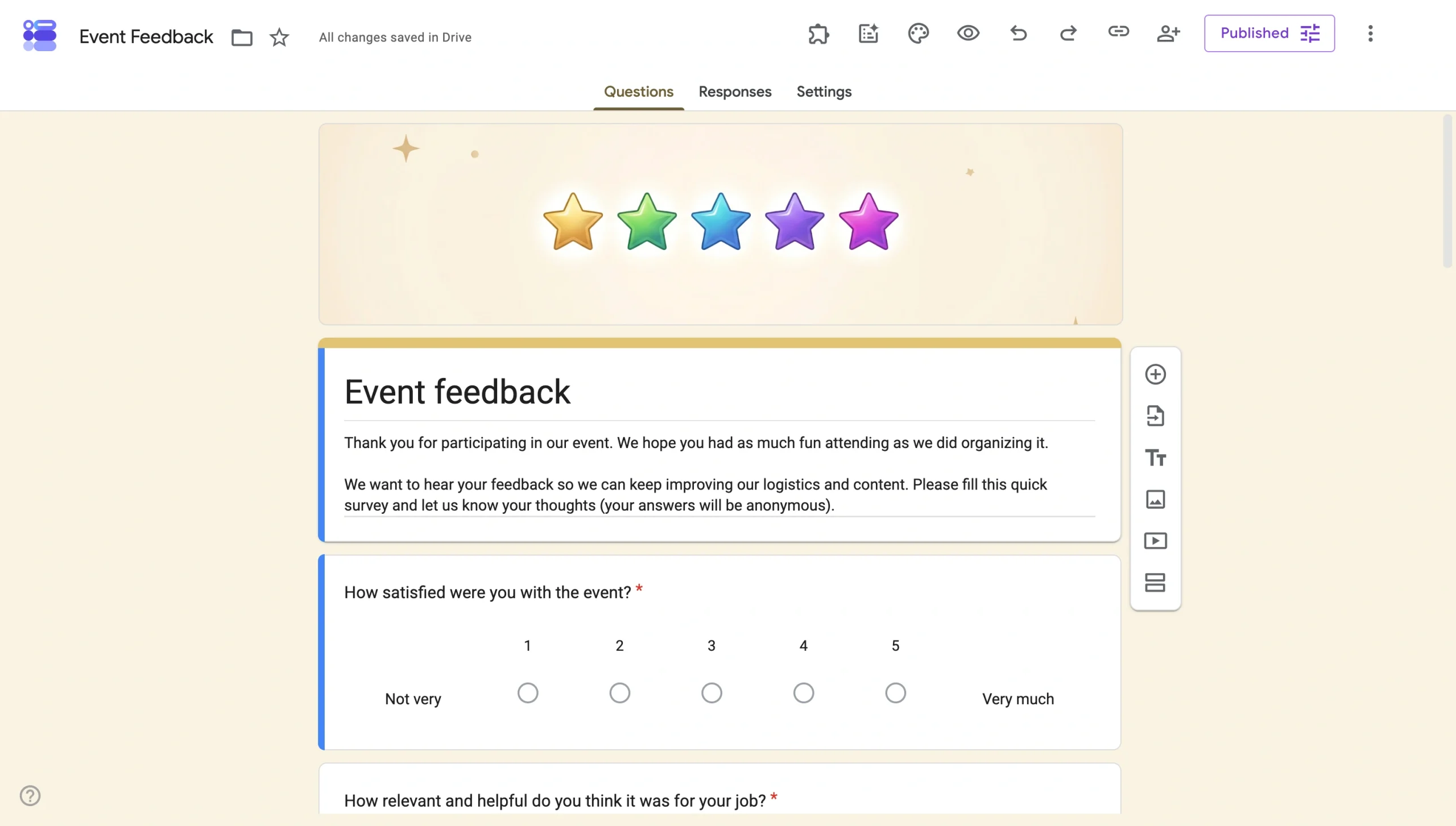 Completed Google Form with a custom header image applied and matching theme colors automatically selected