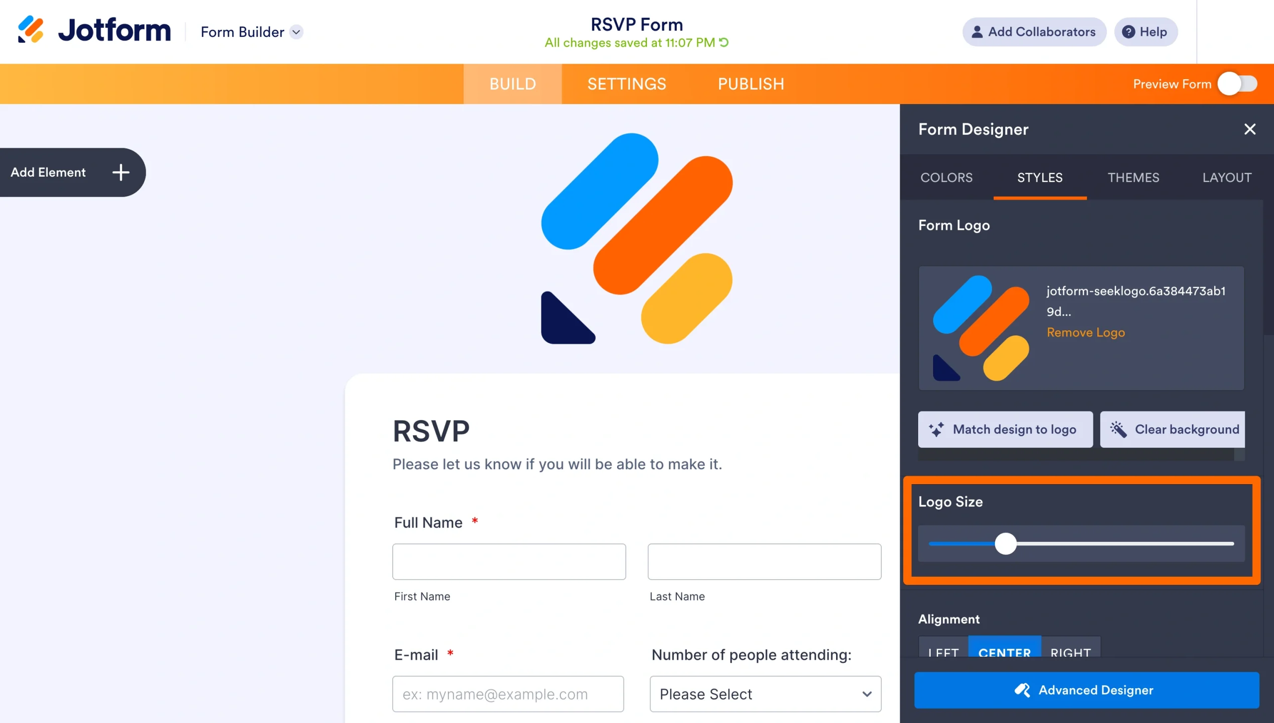 Jotform Logo Properties panel showing logo size and alignment customization options