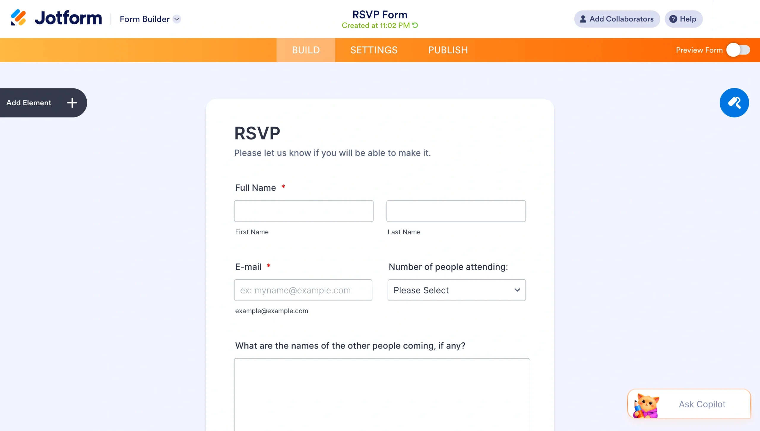 Jotform Form Builder showing an RSVP form template ready to customize