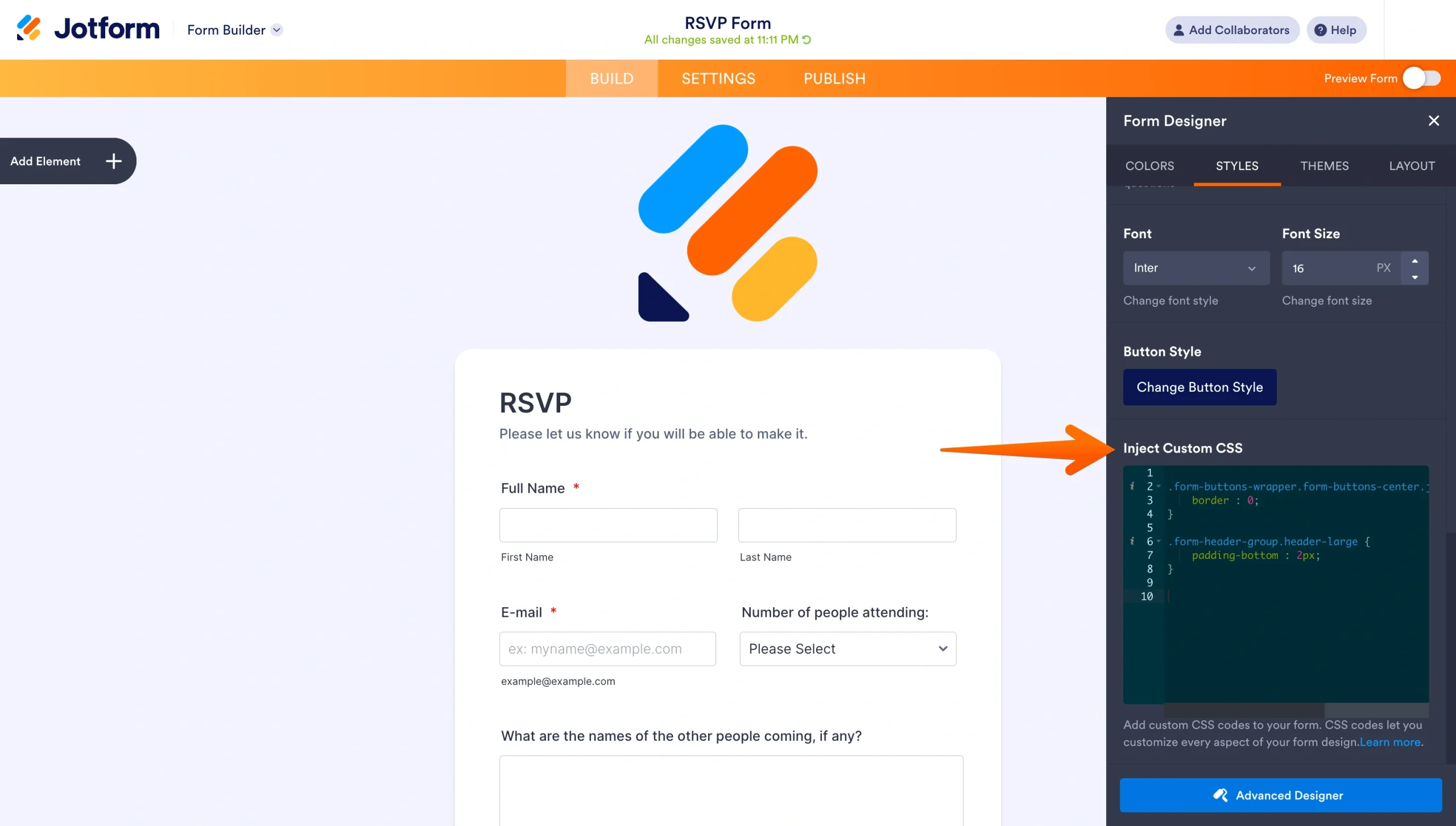 Jotform Form Designer showing the custom CSS field for adding code to a form