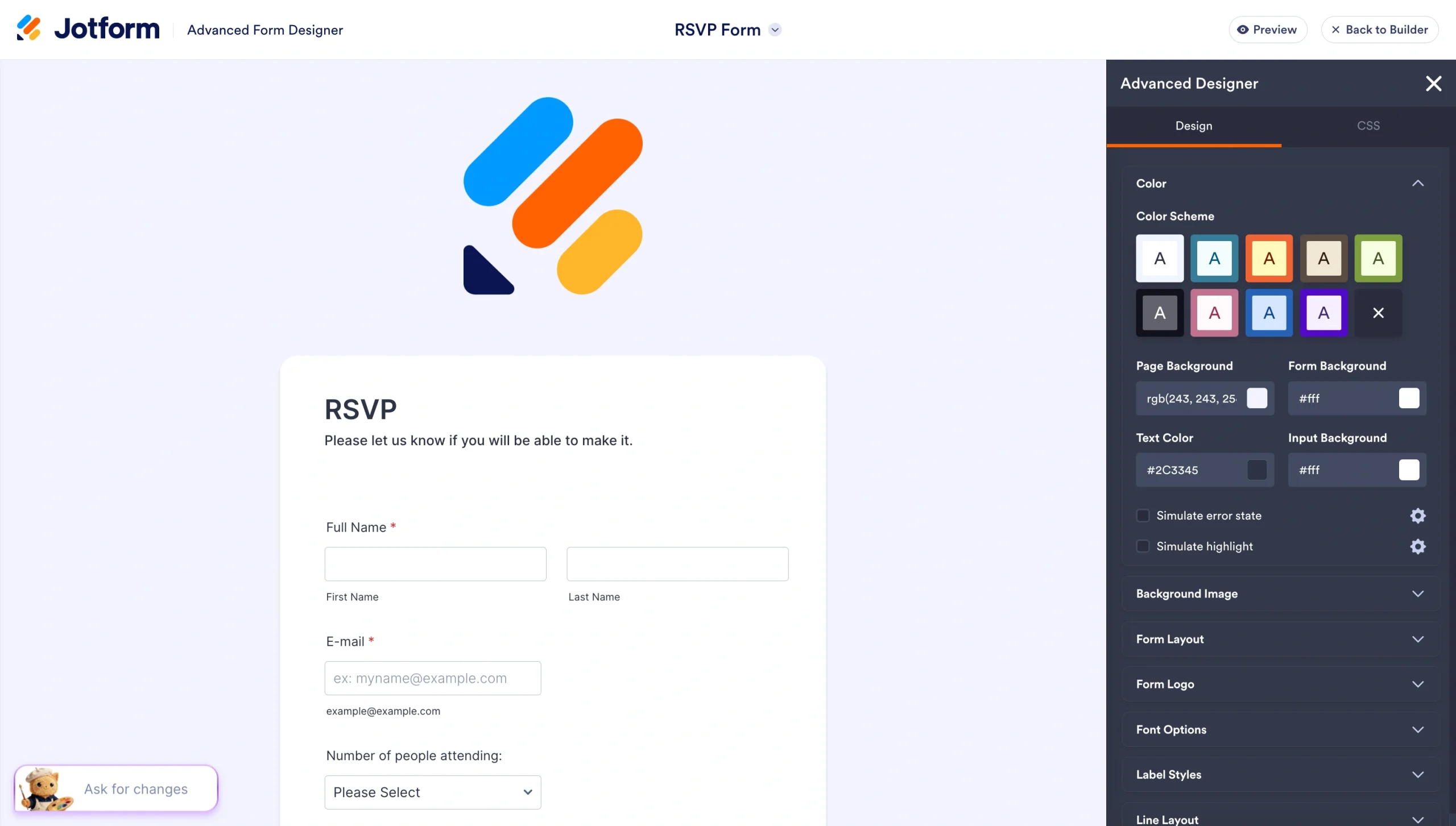 Jotform Advanced Designer with styling controls for form colors, backgrounds, and text