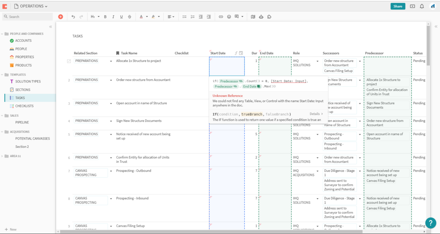 Spreadsheet-style project management tool showing task dependencies and a formula error