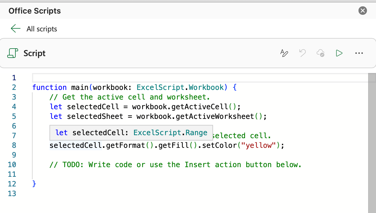 Screenshot of Excel Office Scripts with TypeScript code for automating spreadsheet actions