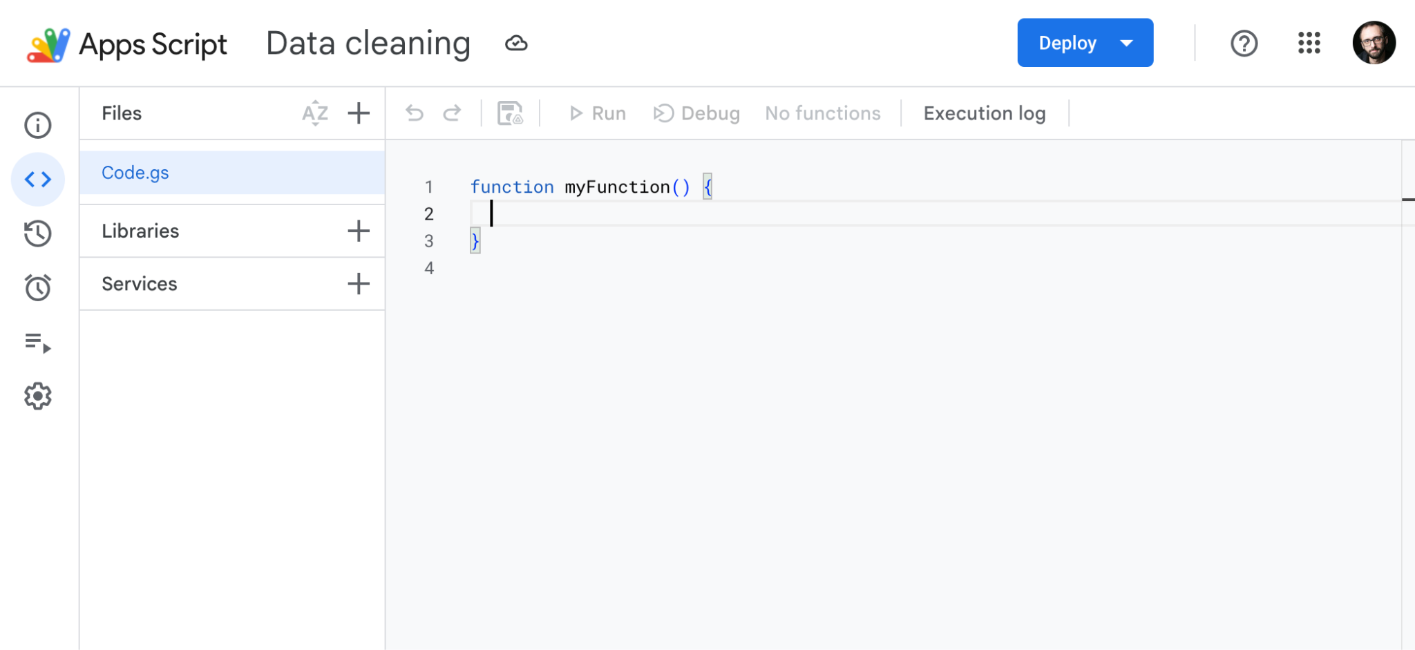 Screenshot of Google Apps Script with a sample script open for data cleaning automation