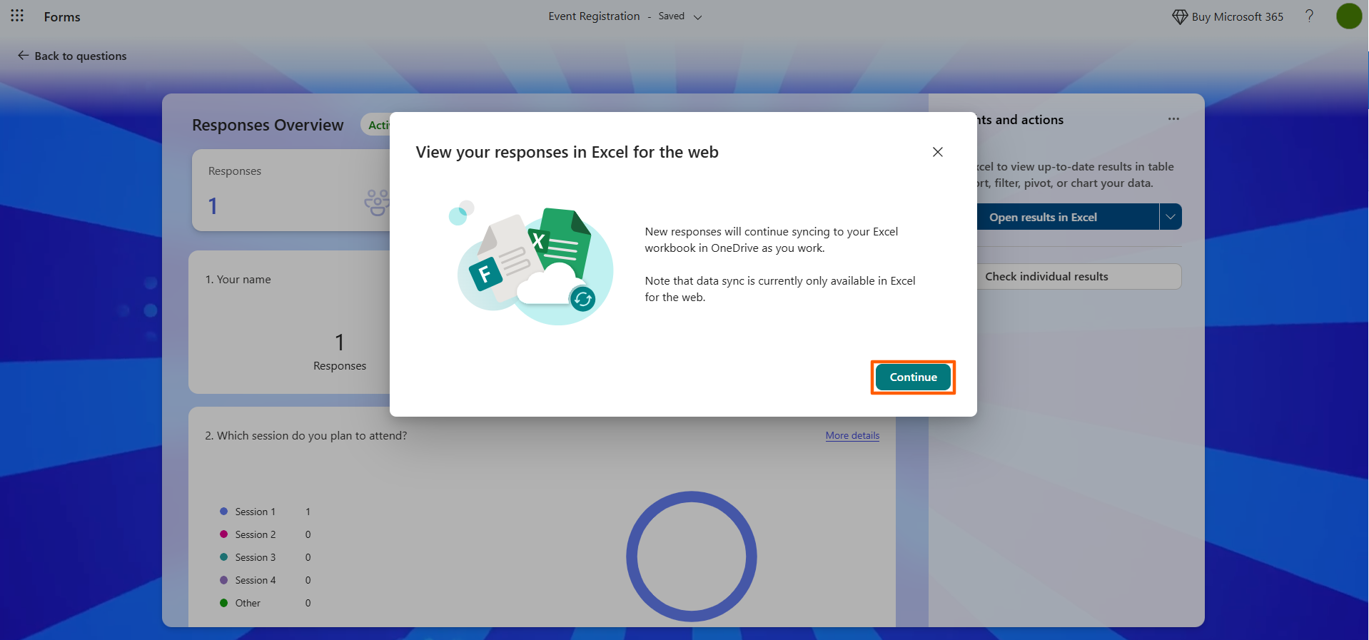 Microsoft Forms interface with the "Continue" button in the popup highlighted