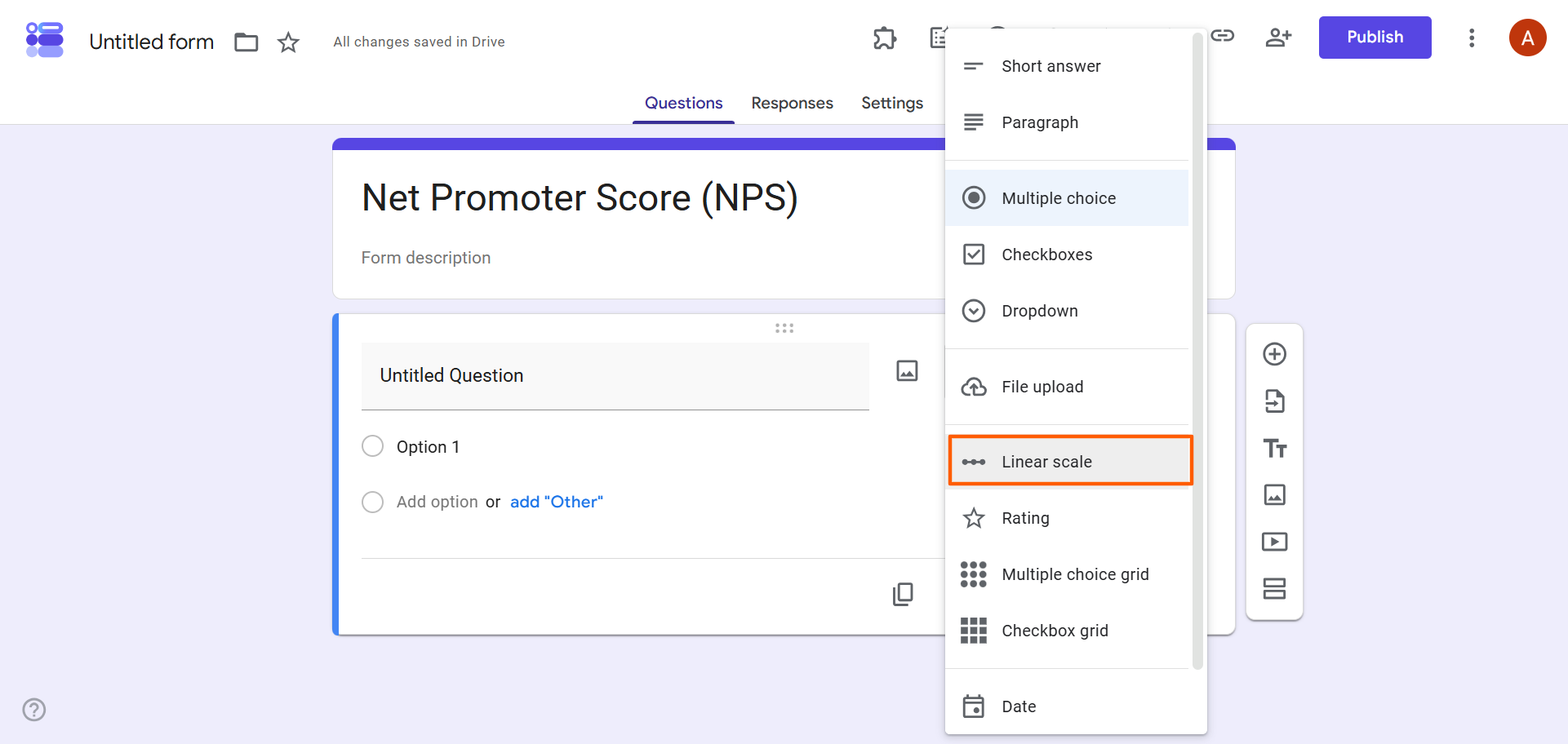 Google Forms interface showing an example form with the title "Net Promoter Score (NPS)", and "Linear scale" highlighted in the form question dropdown menu