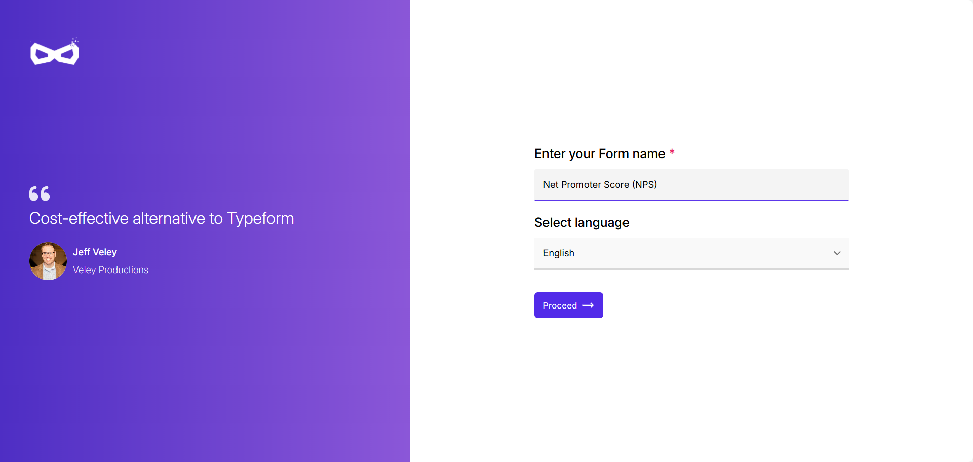 Formfacade setup screen with the option to enter your form's name and select a language